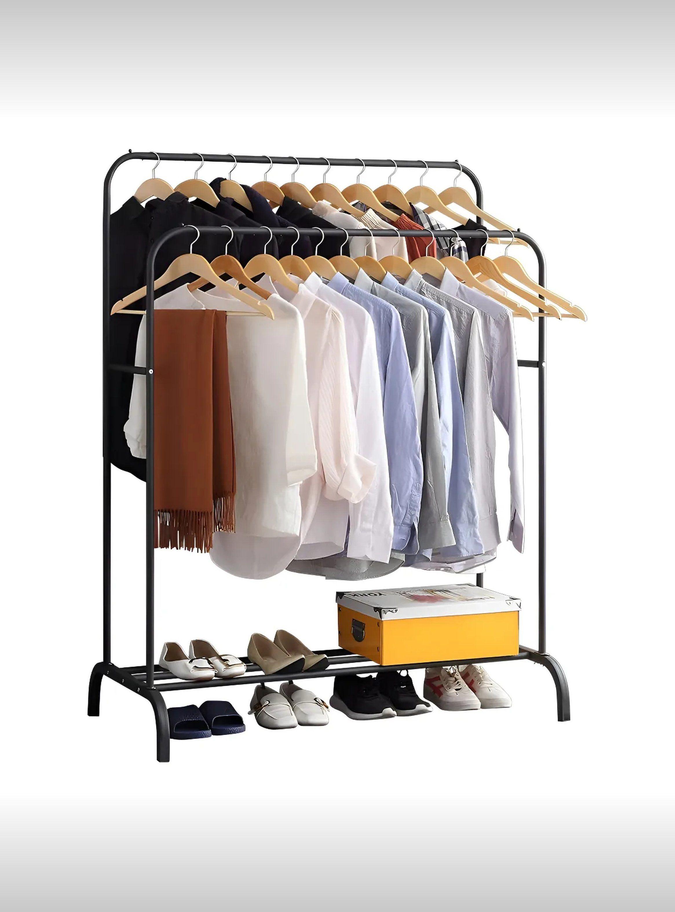 Perchero de Ropa de Metal Negro Multifuncional Con Estante de Almacenaje-0