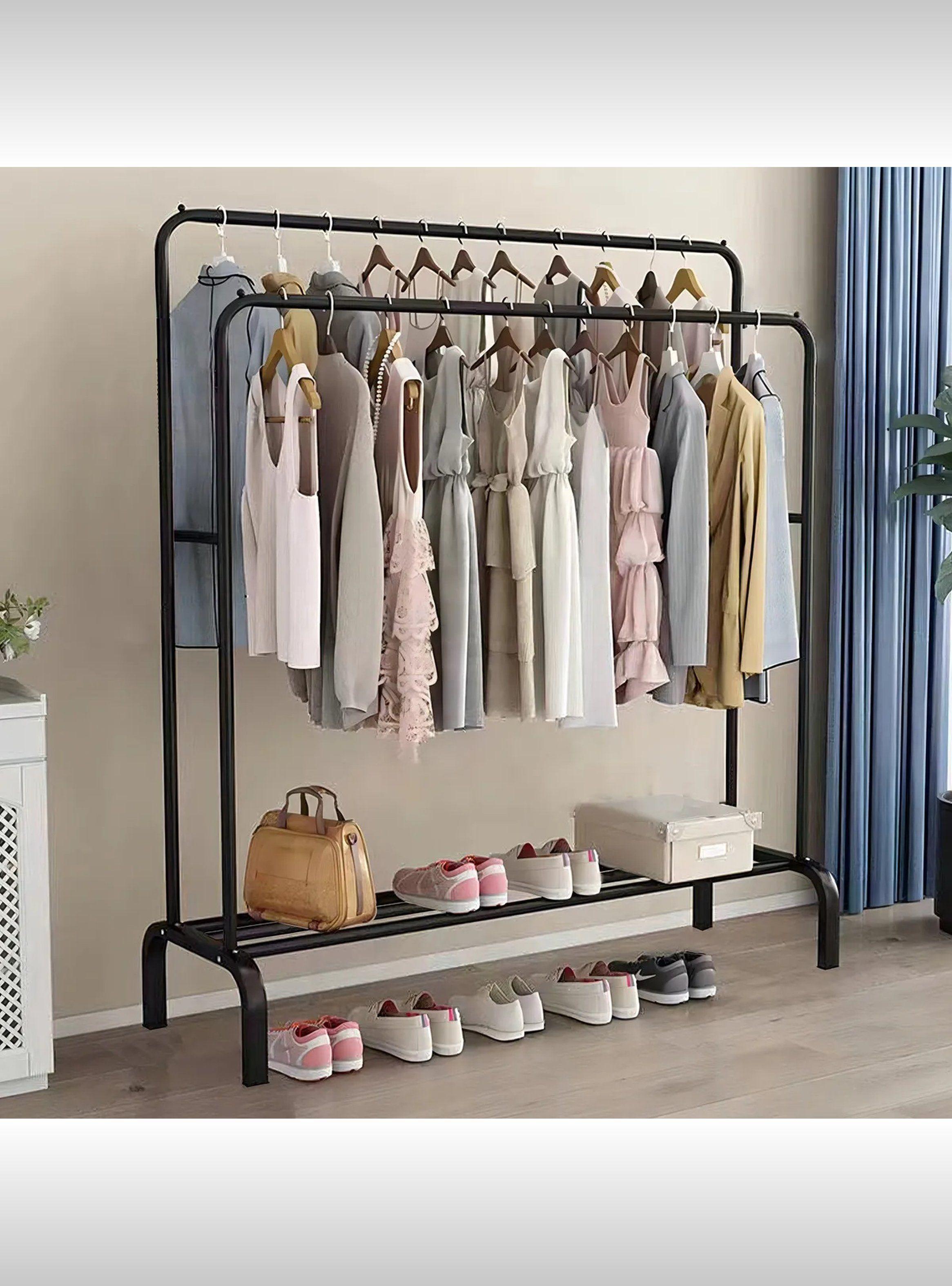 Perchero de Ropa de Metal Negro Multifuncional Con Estante de Almacenaje-2