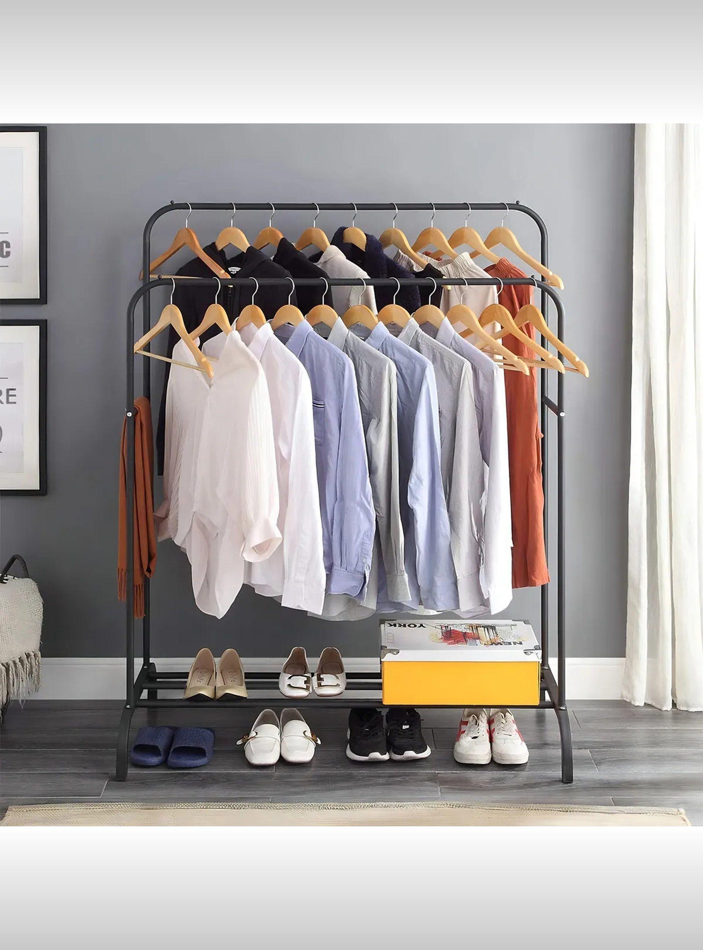 Perchero de Ropa de Metal Negro Multifuncional Con Estante de Almacenaje-4