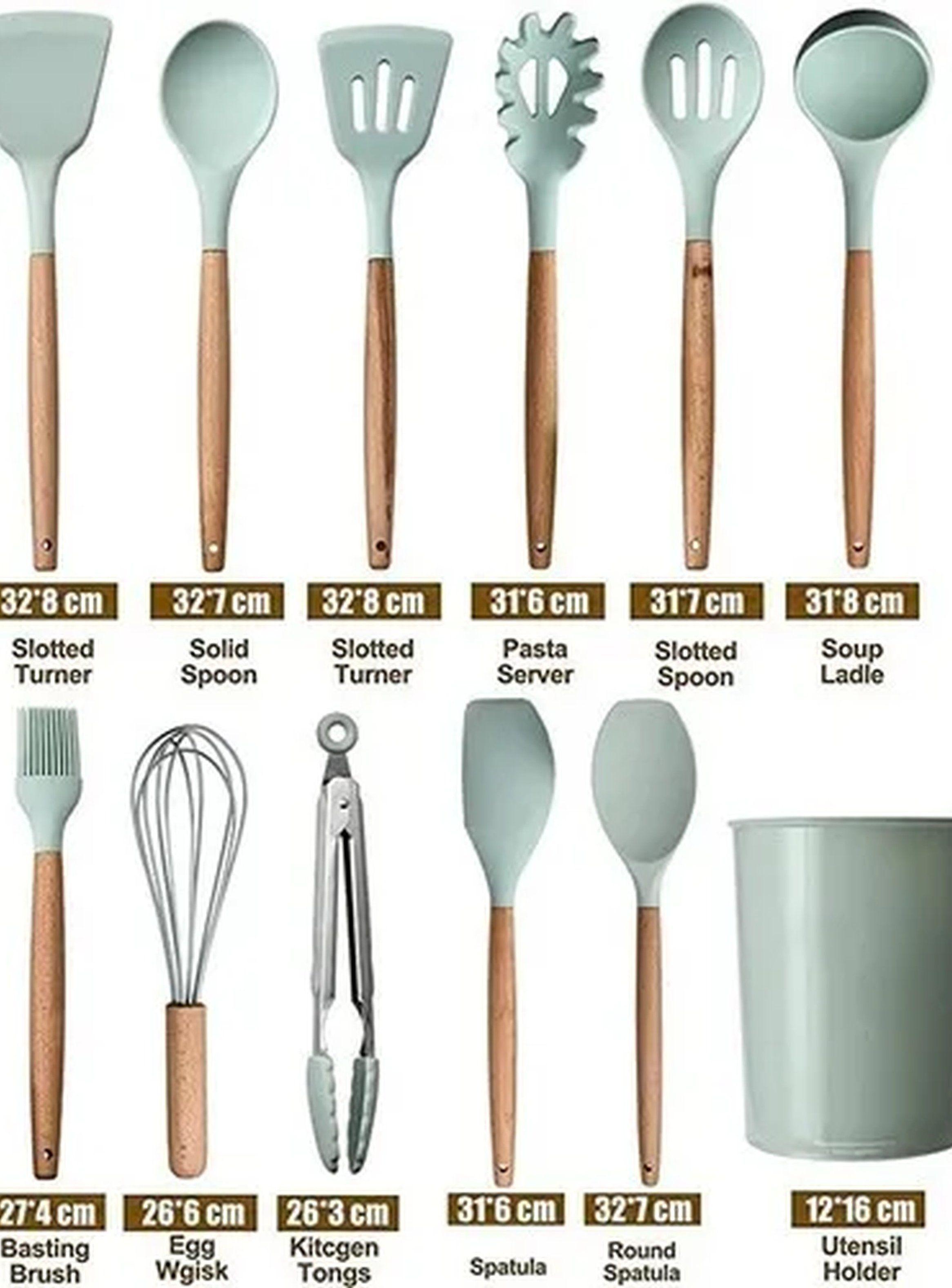 Set Utensilios de Cocina Silicone BPA Free Mango de Madera Verde 12 Piezas-2