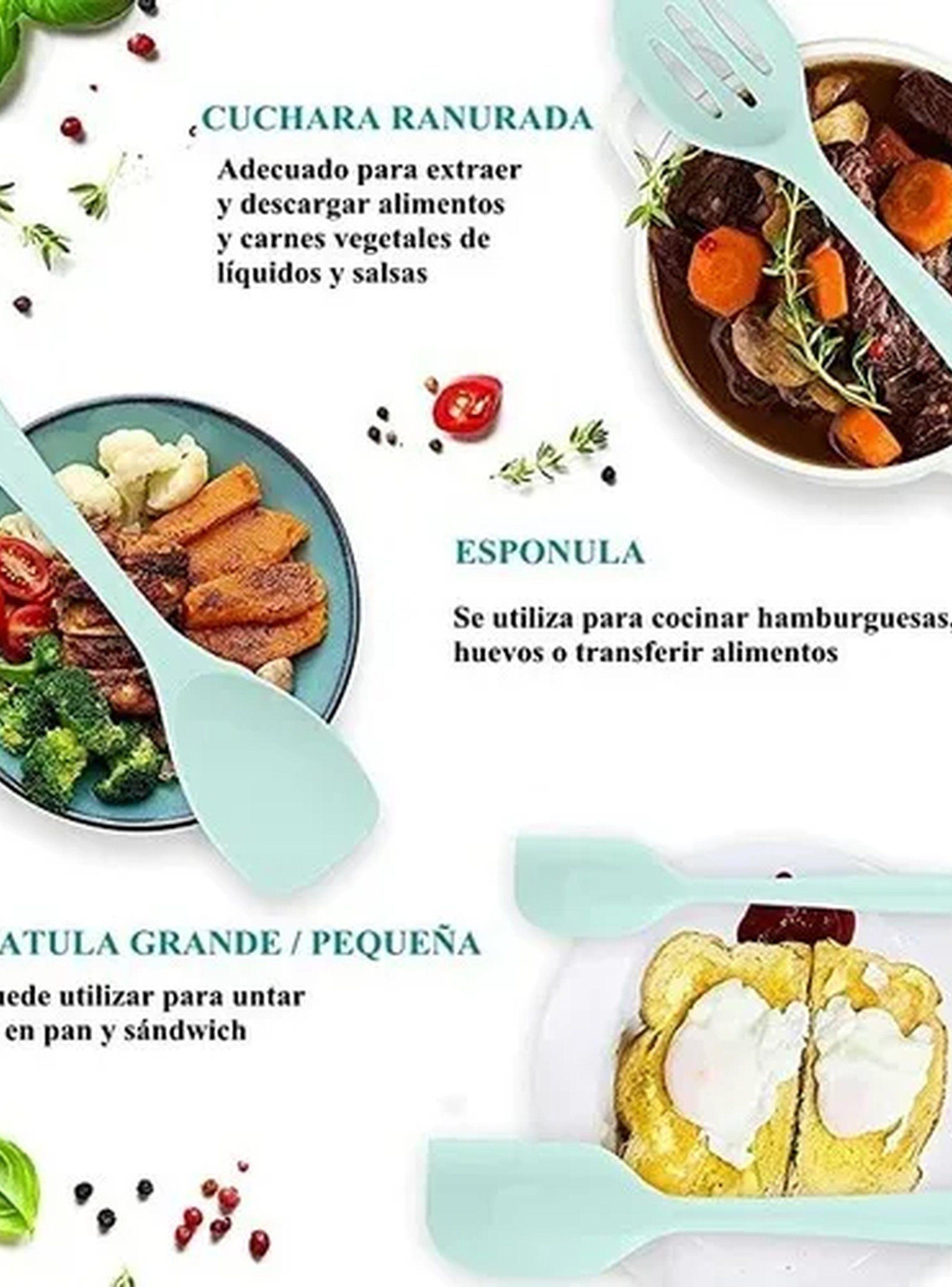 Set Utensilios de Cocina Silicone BPA Free Mango de Madera Verde 12 Piezas-3