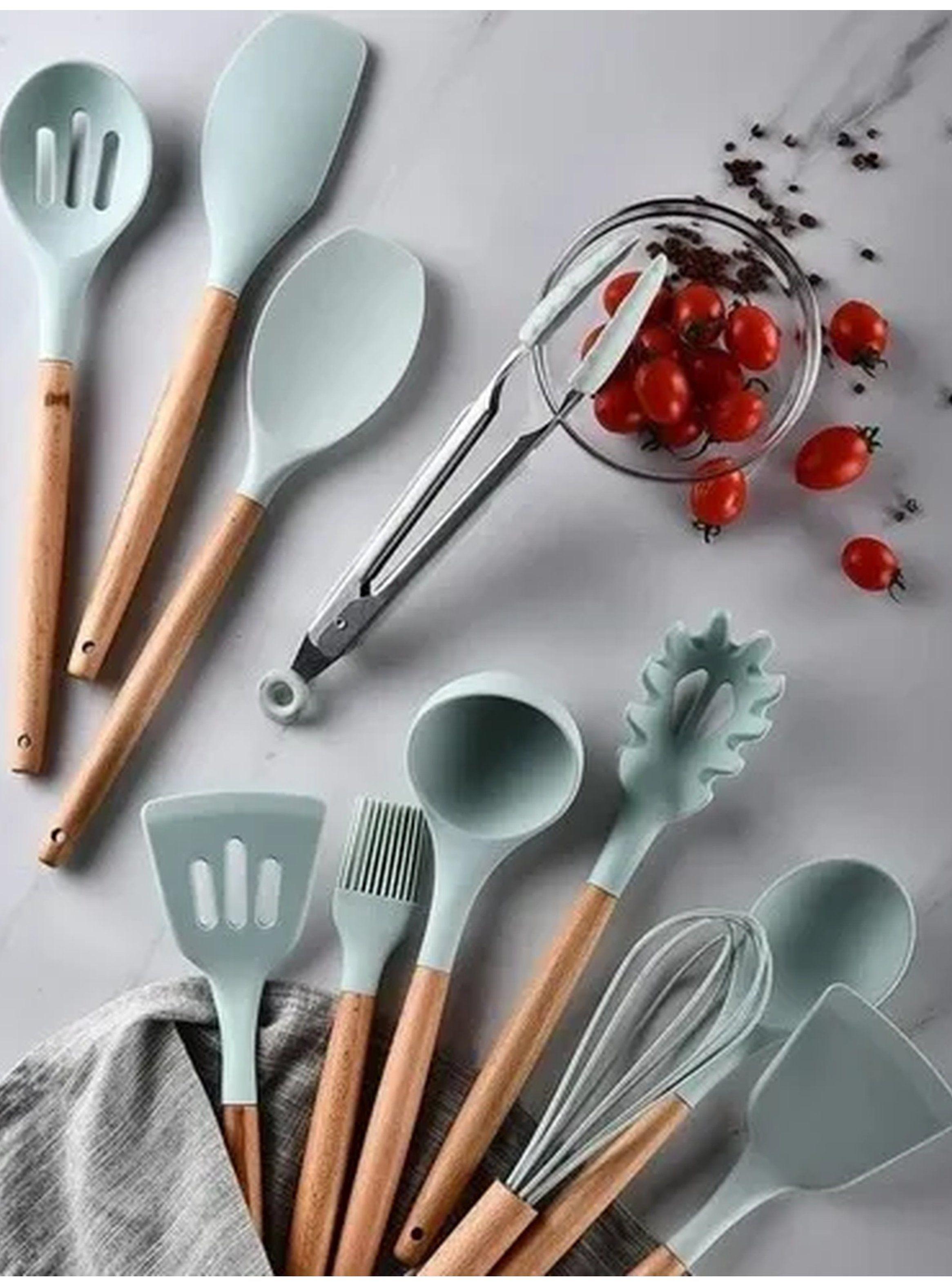 Set Utensilios de Cocina Silicone BPA Free Mango de Madera Verde 12 Piezas-5