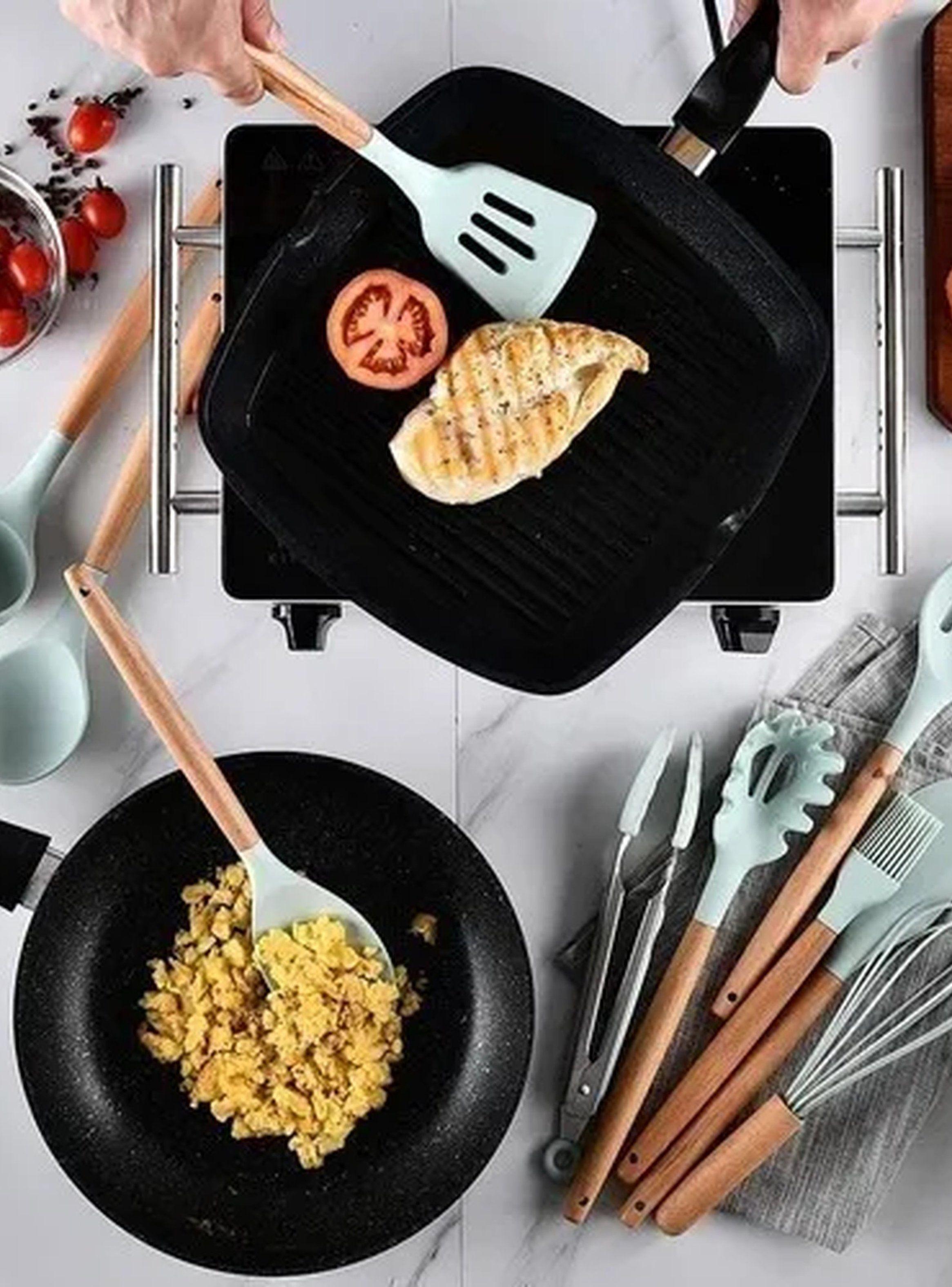 Set Utensilios de Cocina Silicone BPA Free Mango de Madera Verde 12 Piezas-6