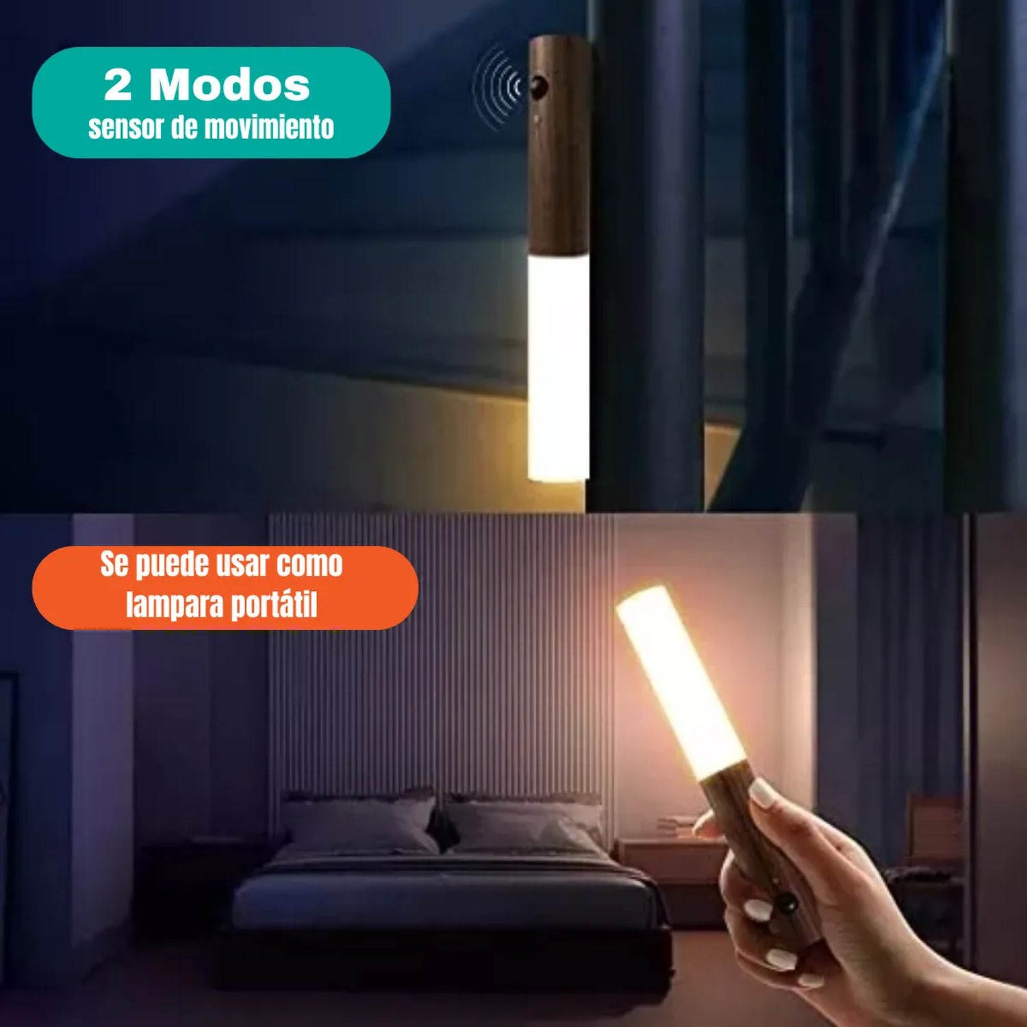 Lámpara LED Inalámbrica Madera Sensor Movimiento Recargable-3