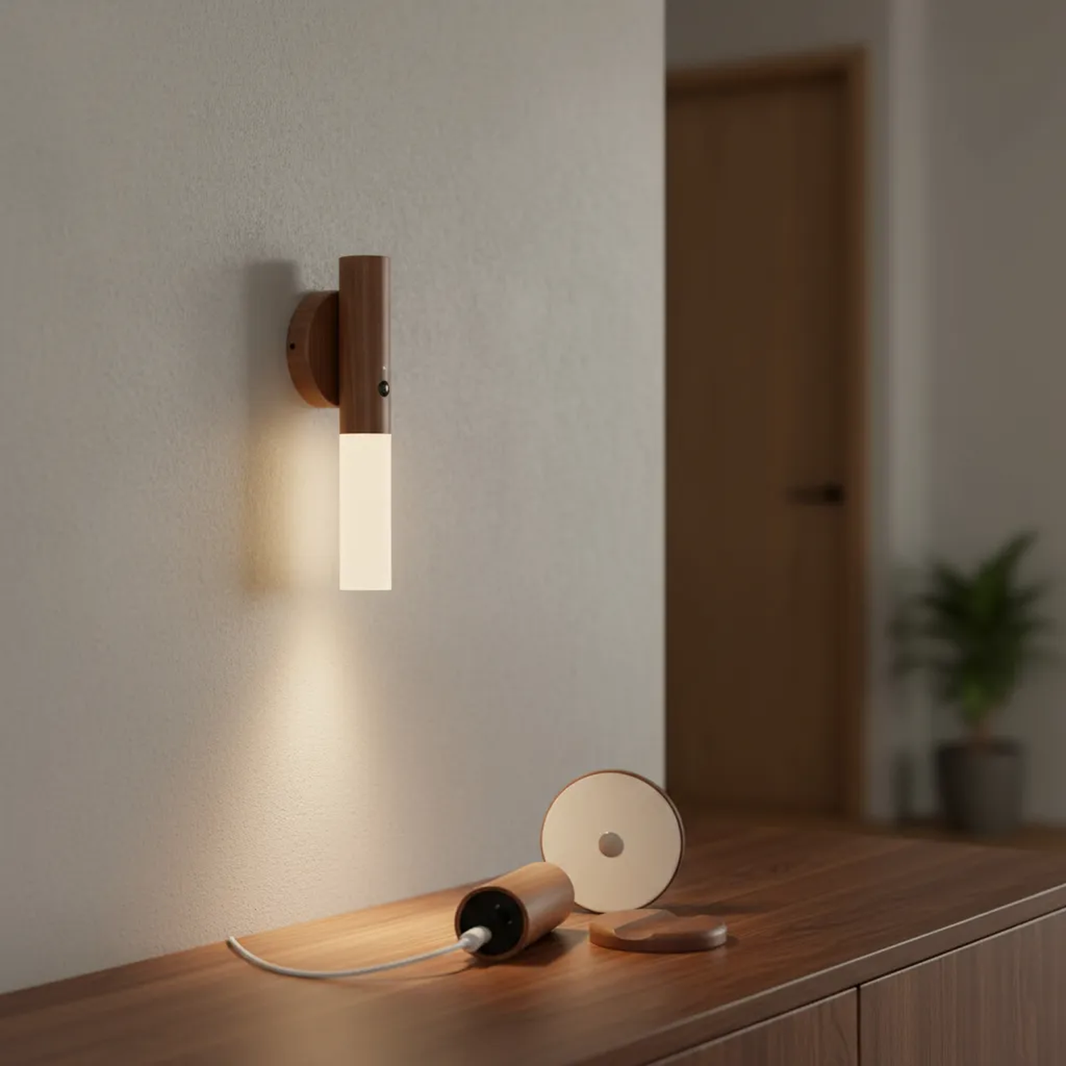 Lámpara LED Inalámbrica Madera Sensor Movimiento Recargable-4