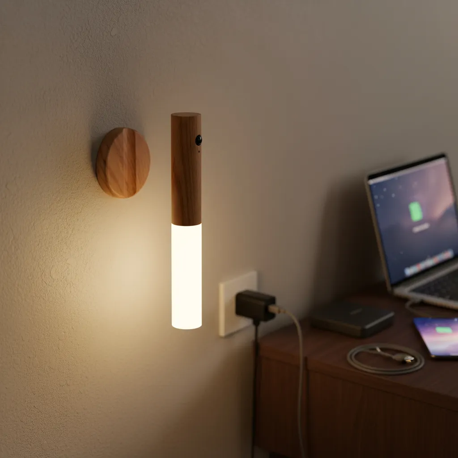 Lámpara LED Inalámbrica Madera Sensor Movimiento Recargable-6