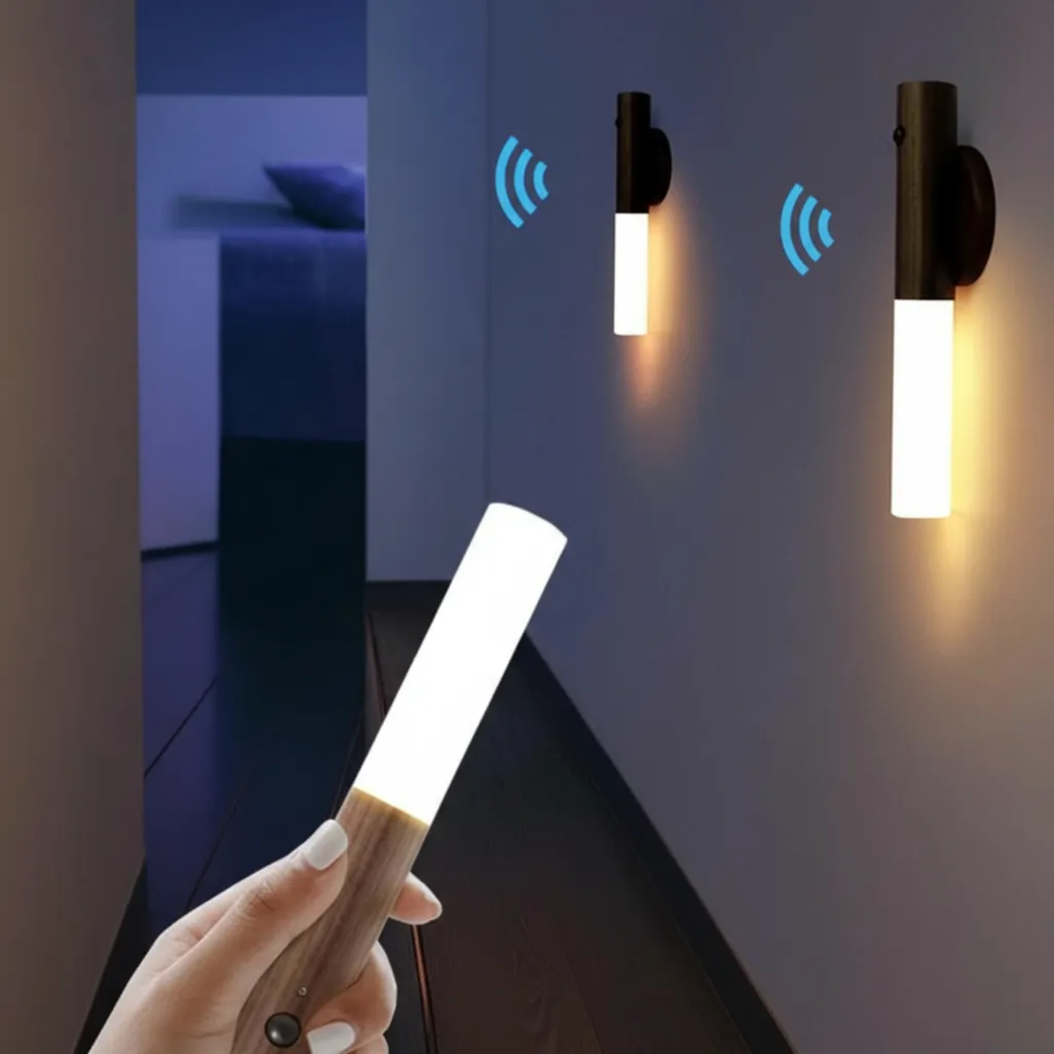 Lámpara LED Inalámbrica Madera Sensor Movimiento Recargable-8