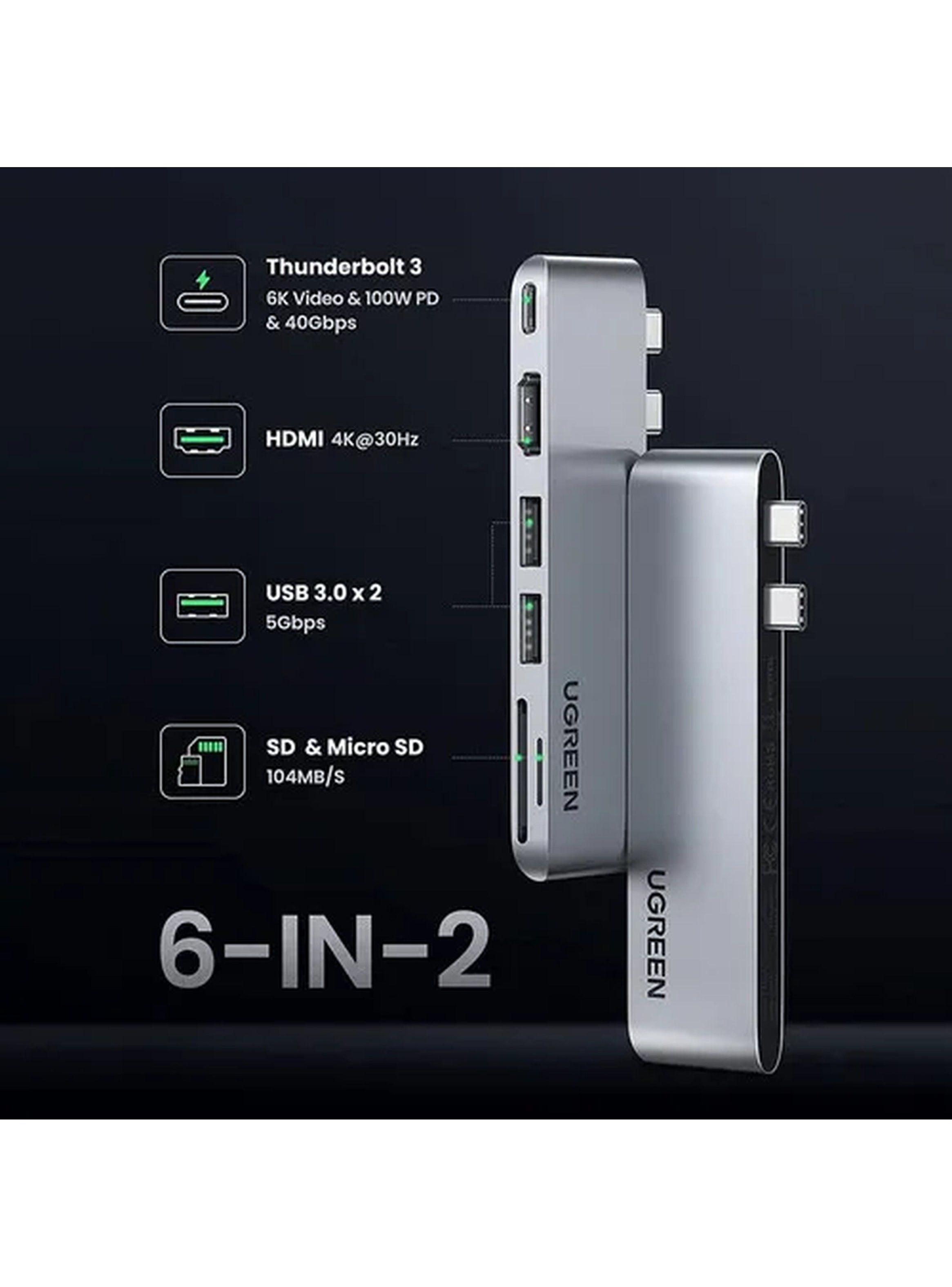 Hub USB-C 6-en-1 HDMI Thunderbolt 3 SD MicroSD USB 3.0-3