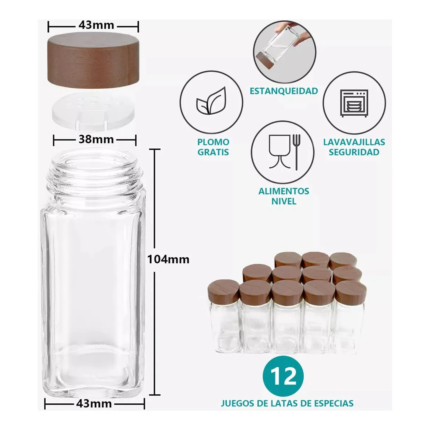 Frascos de Especias Vidrio Transparente Con Tapa Hermética 12 Unidades-6