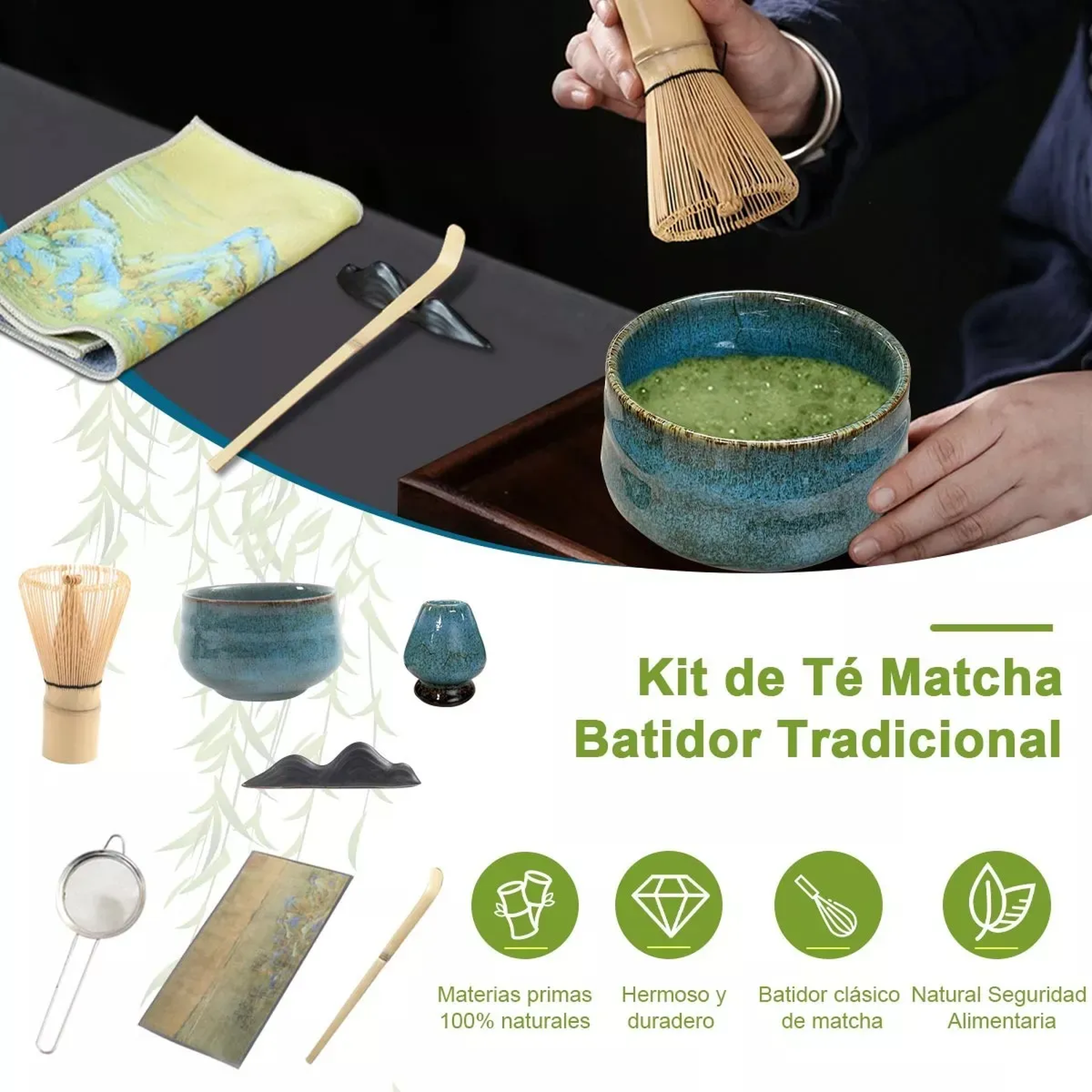 Kit de Ceremonia de Té Matcha Tradicional Cerámica Natural y Bambú-3