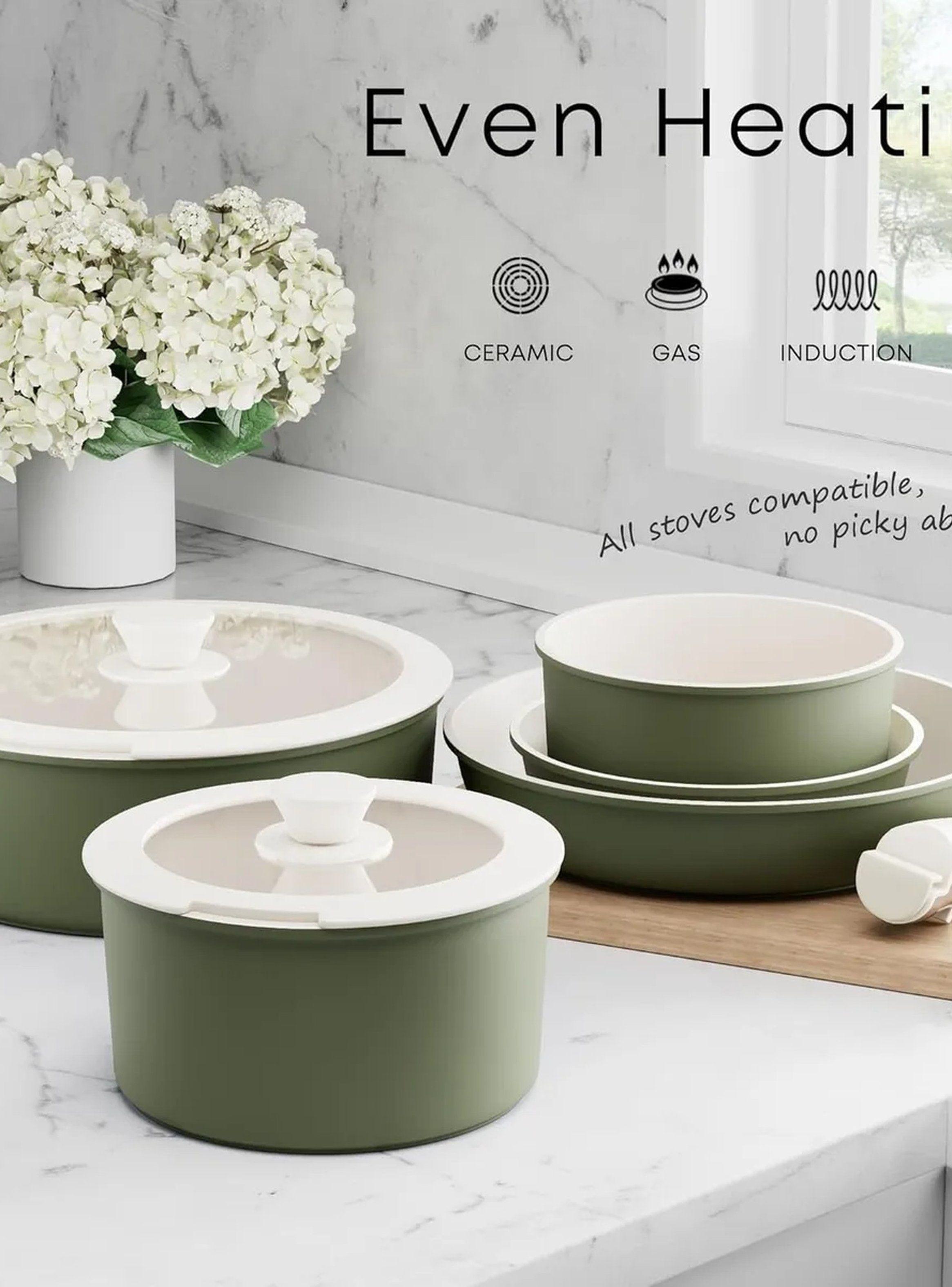 Juego de Ollas Apilables Mango Desmontable Antiadherentes Verde-5