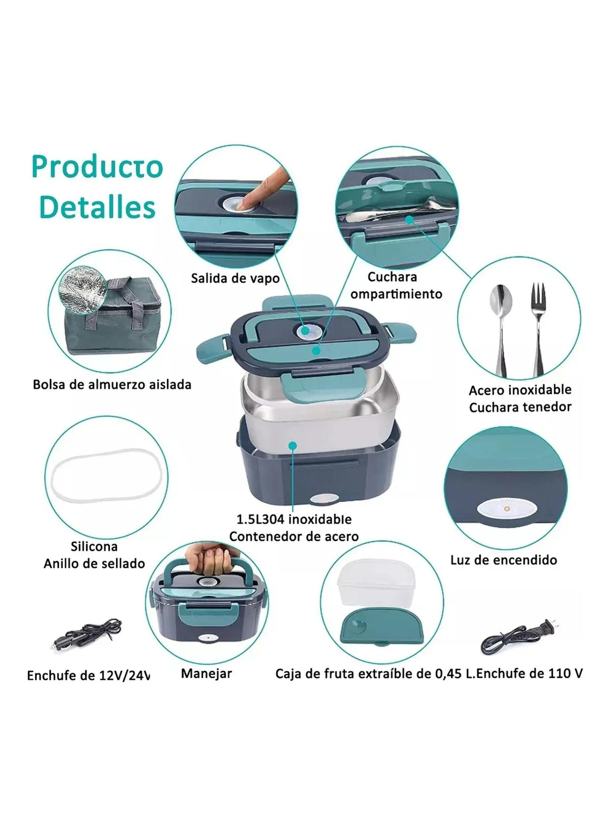 Lonchera Eléctrica Portátil Acero Inoxidable 1.5L Compartimientos Aislados | 12V/24V/110V-1