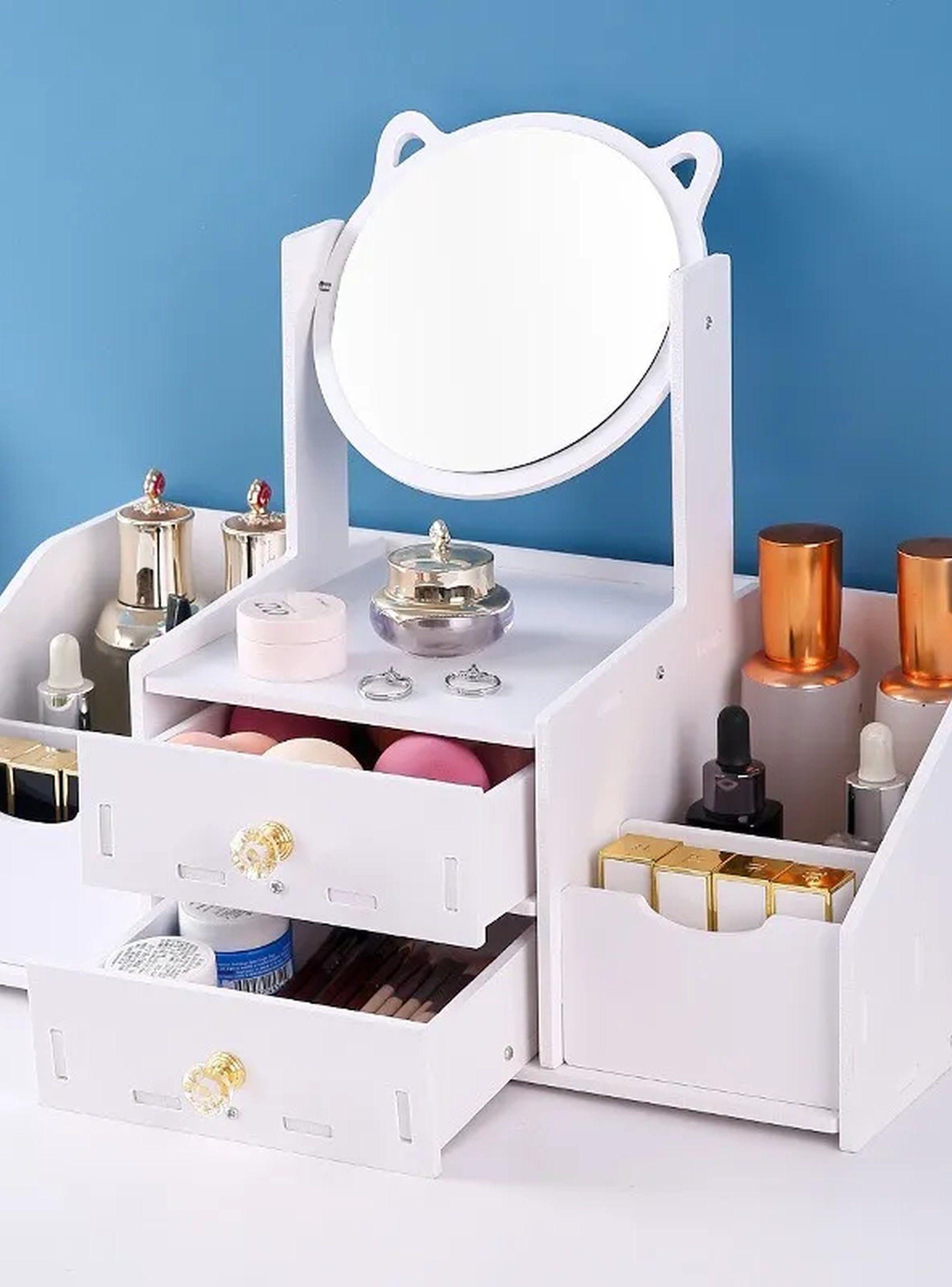 Organizador De Maquillaje De Madera Con Espejo y Cajones Blancos -2