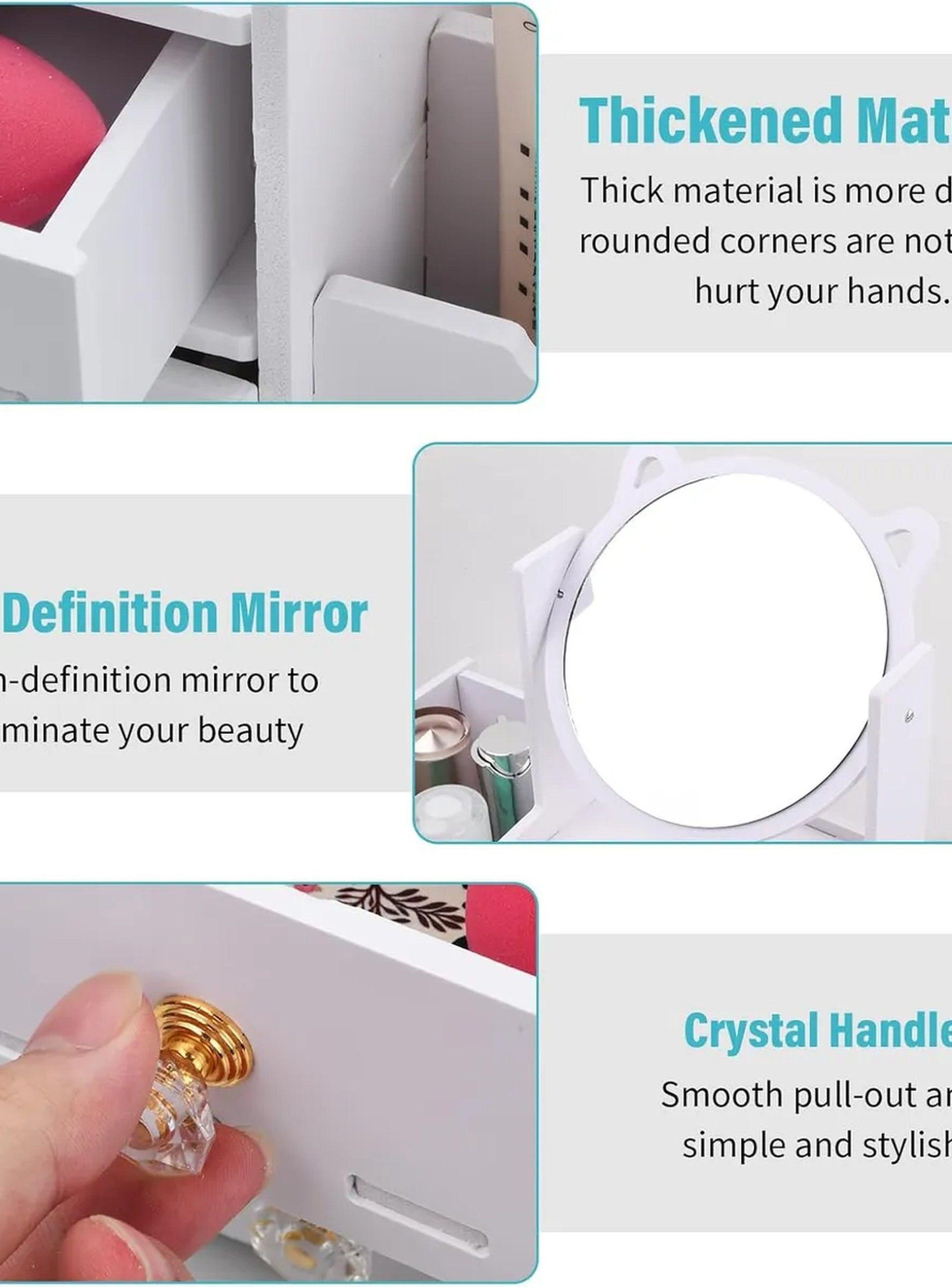 Organizador De Maquillaje De Madera Con Espejo y Cajones Blancos -3