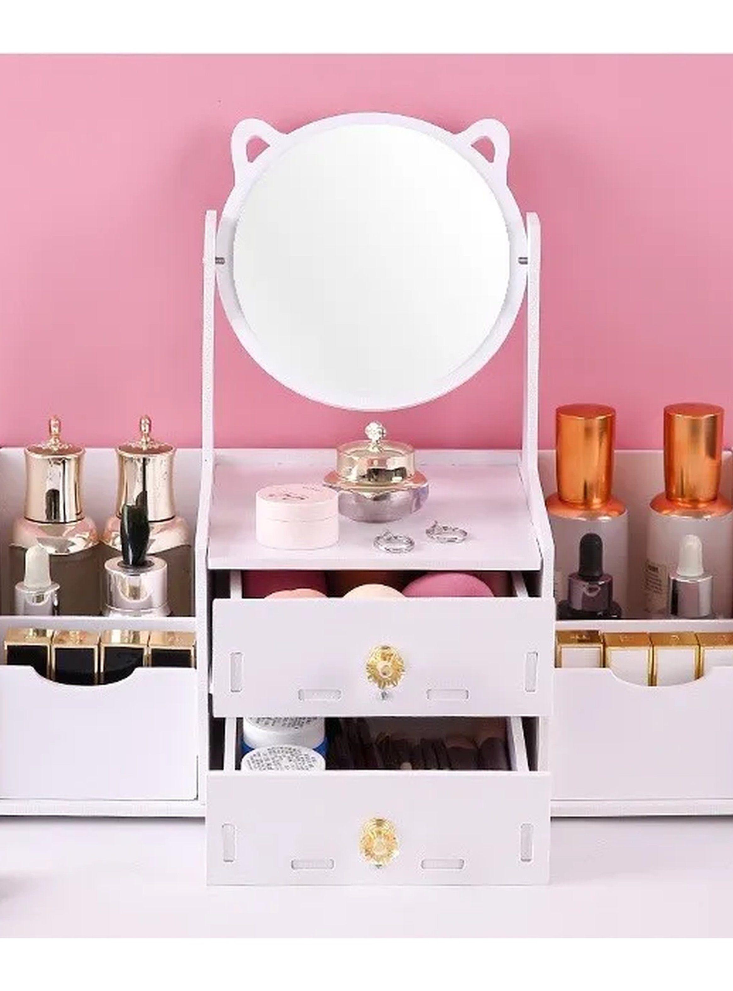 Organizador De Maquillaje De Madera Con Espejo y Cajones Blancos -4