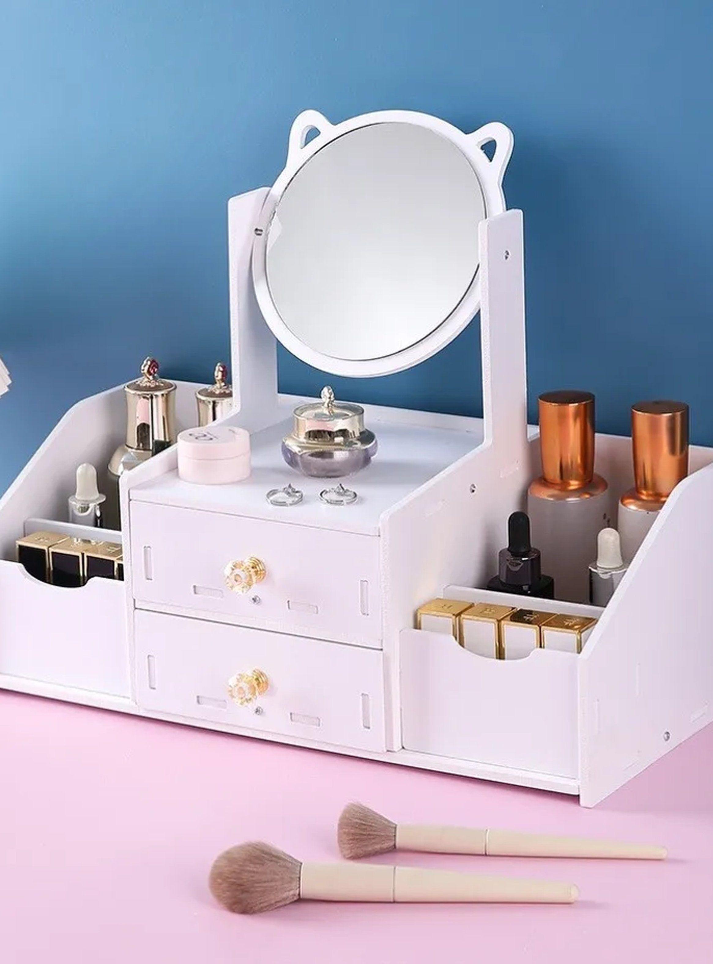 Organizador De Maquillaje De Madera Con Espejo y Cajones Blancos -5