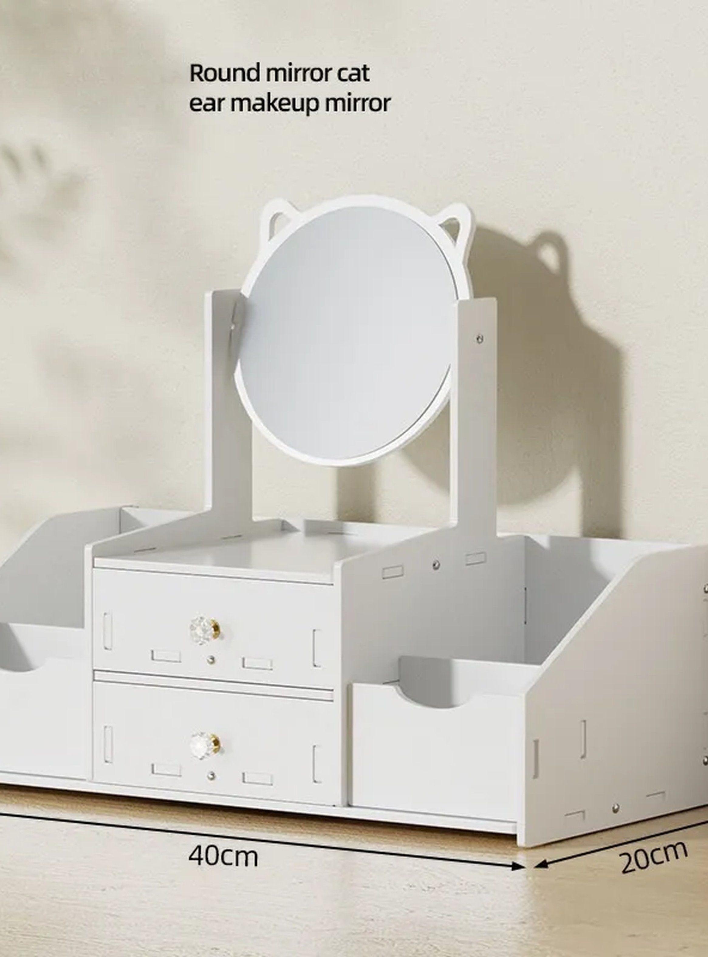 Organizador De Maquillaje De Madera Con Espejo y Cajones Blancos -6