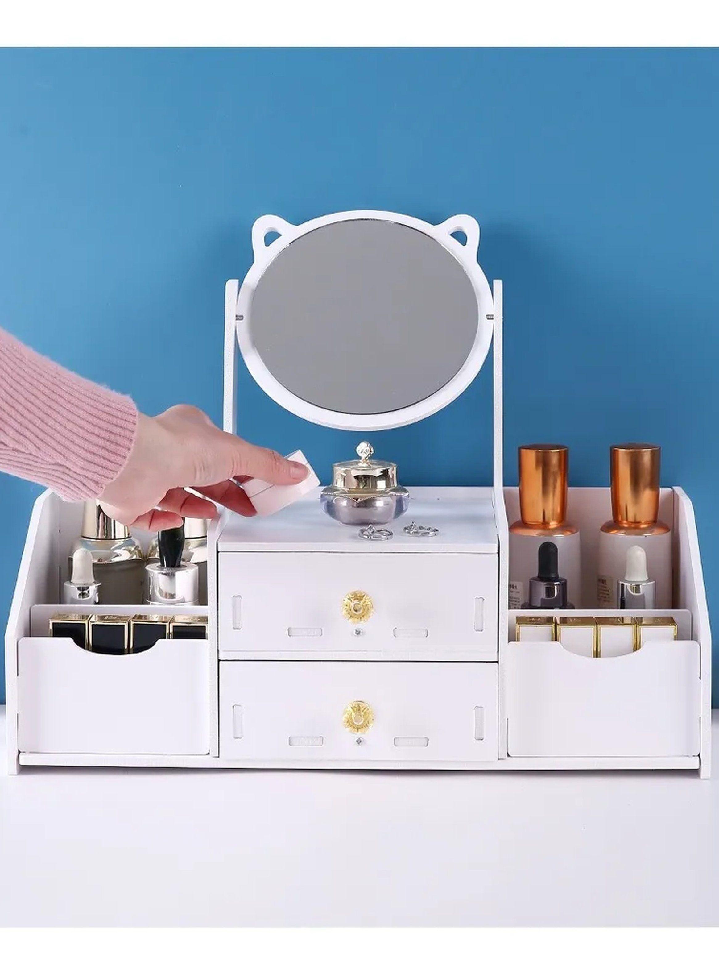 Organizador De Maquillaje De Madera Con Espejo y Cajones Blancos -7