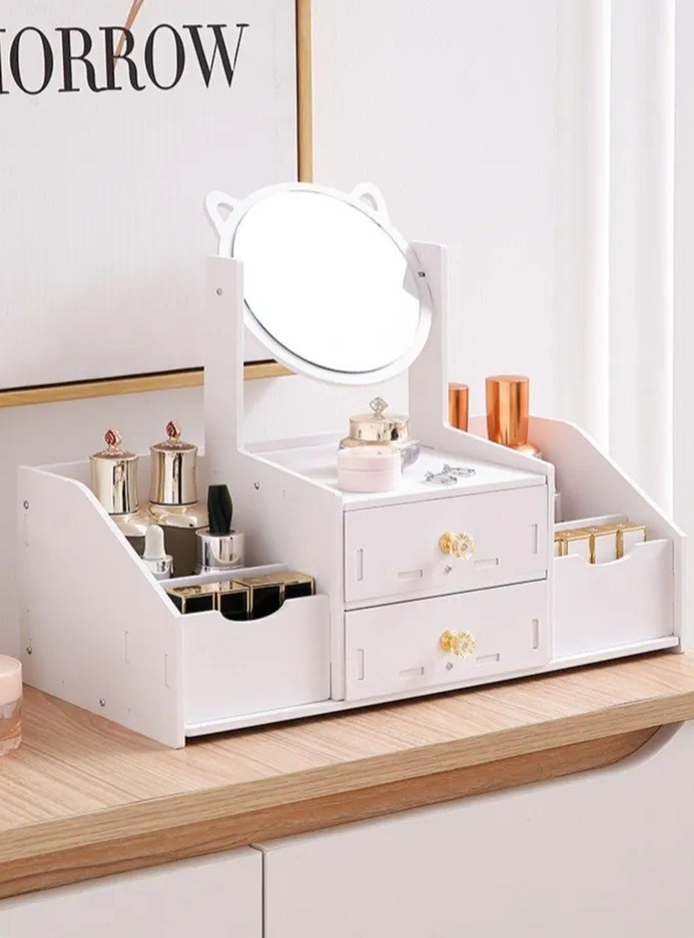Organizador De Maquillaje De Madera Con Espejo y Cajones Blancos -8