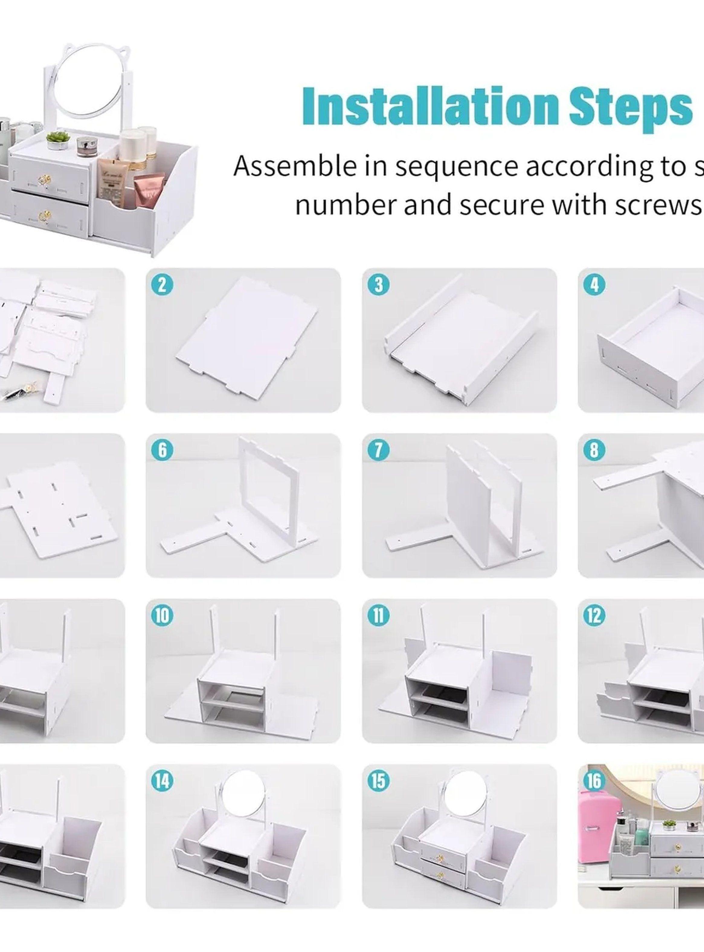 Organizador De Maquillaje De Madera Con Espejo y Cajones Blancos -9