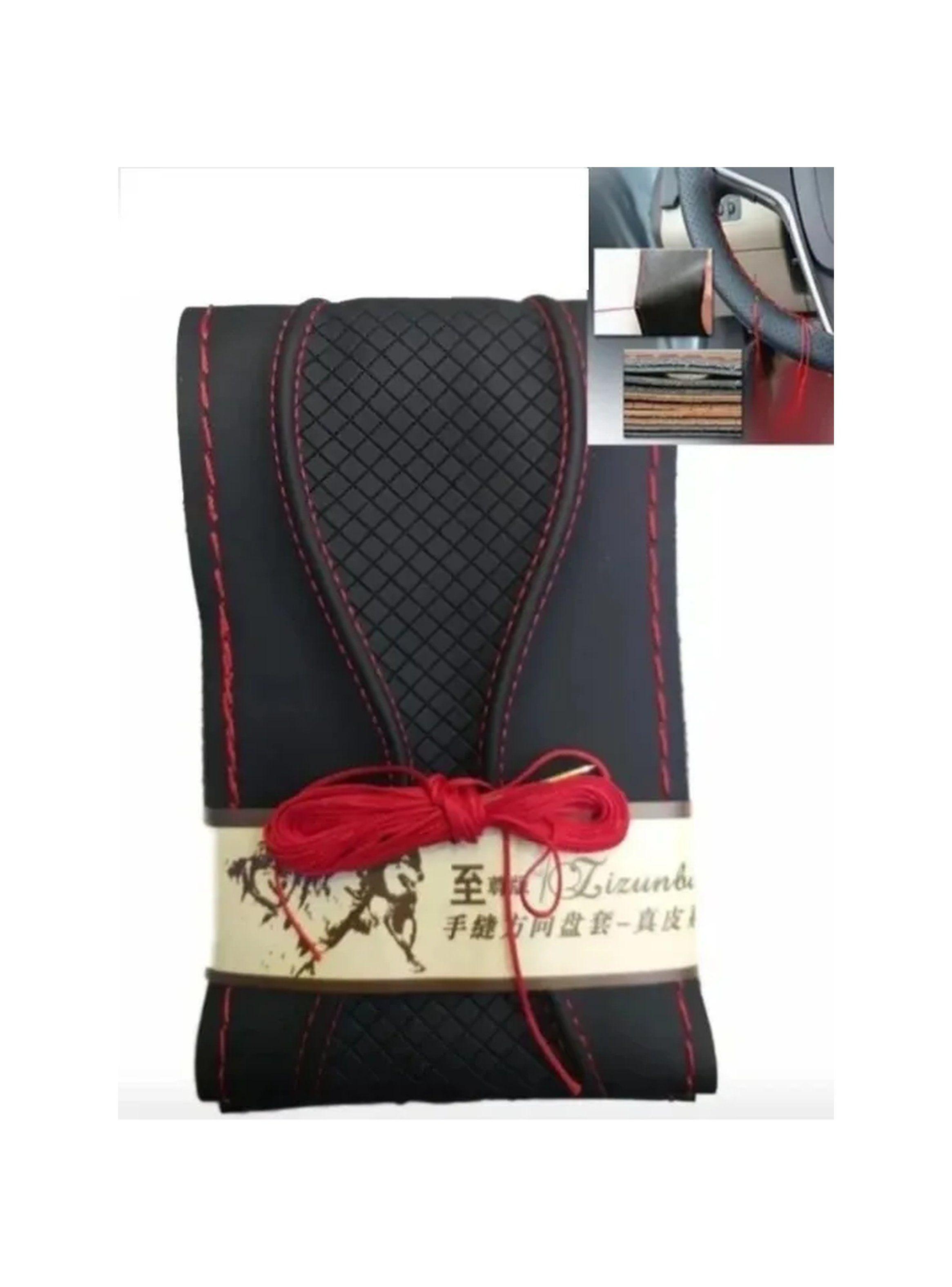 Funda para Volante de Coche Antideslizante Cuero Negro Costuras Rojas-1