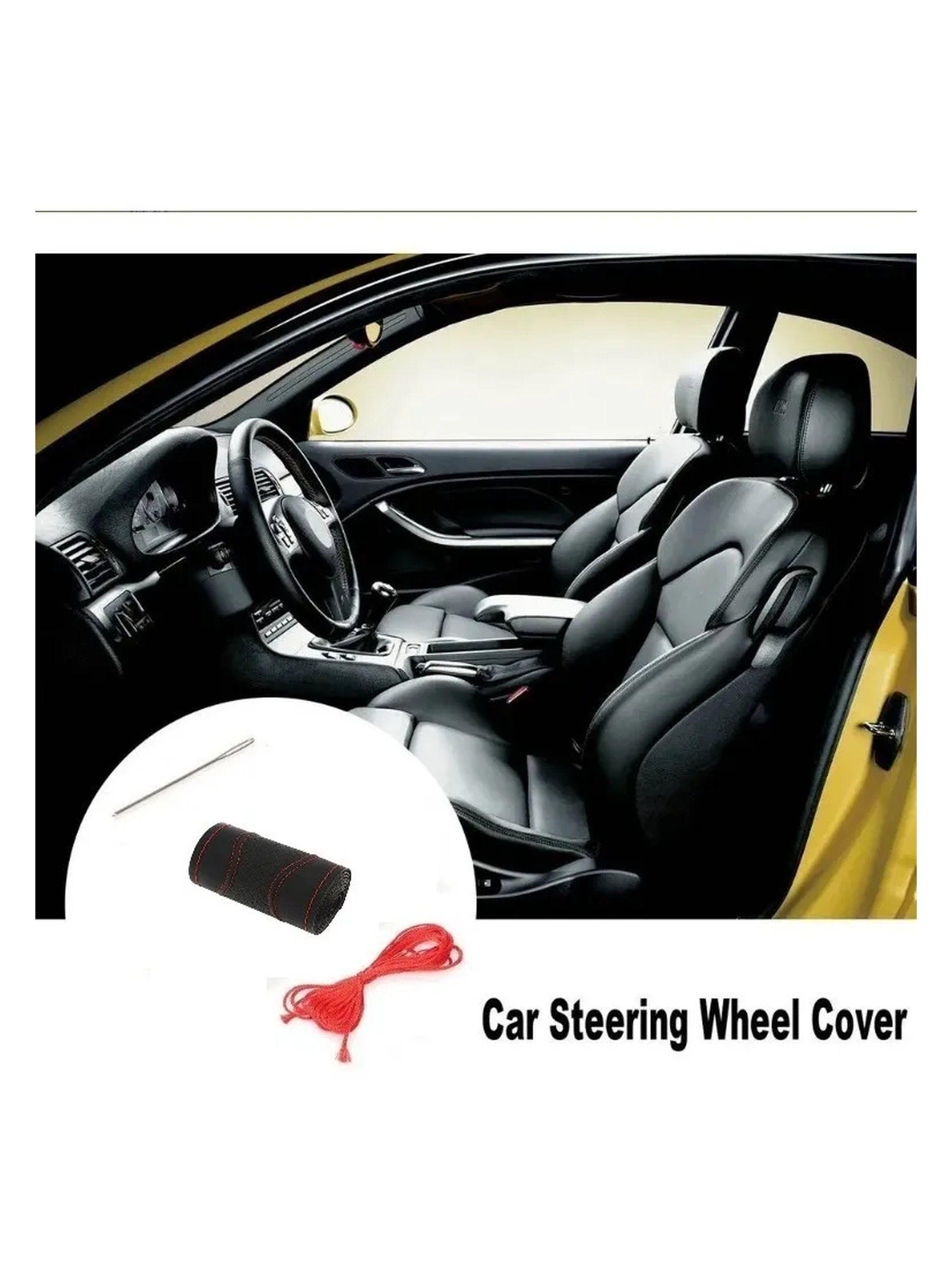 Funda para Volante de Coche Antideslizante Cuero Negro Costuras Rojas-2