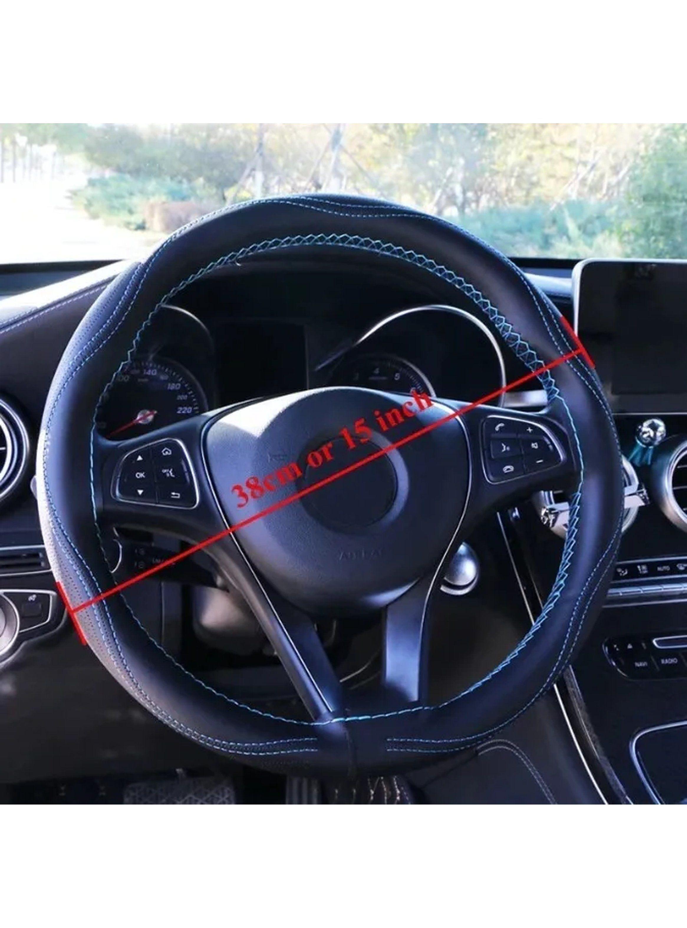 Funda para Volante de Coche Antideslizante Cuero Negro Costuras Rojas-4