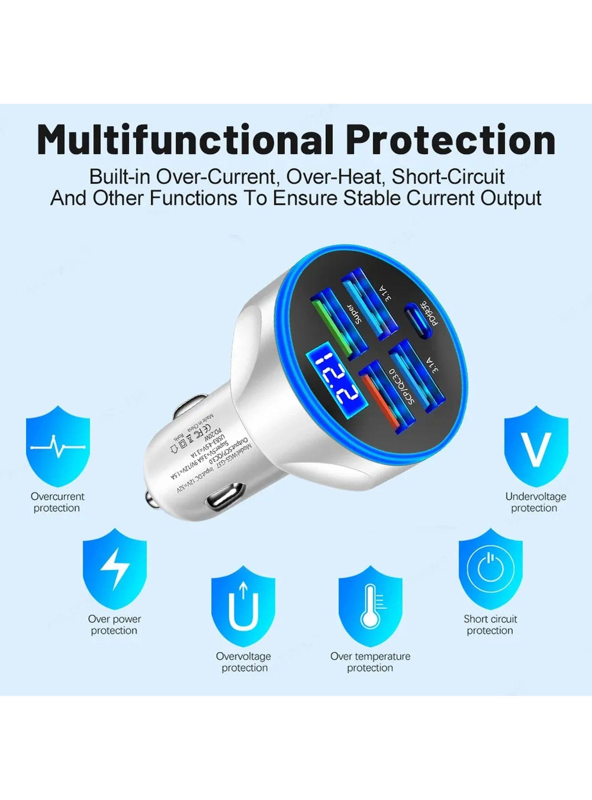 Cargador de Auto USB 250W 5 Puertos Protección Inteligente-3