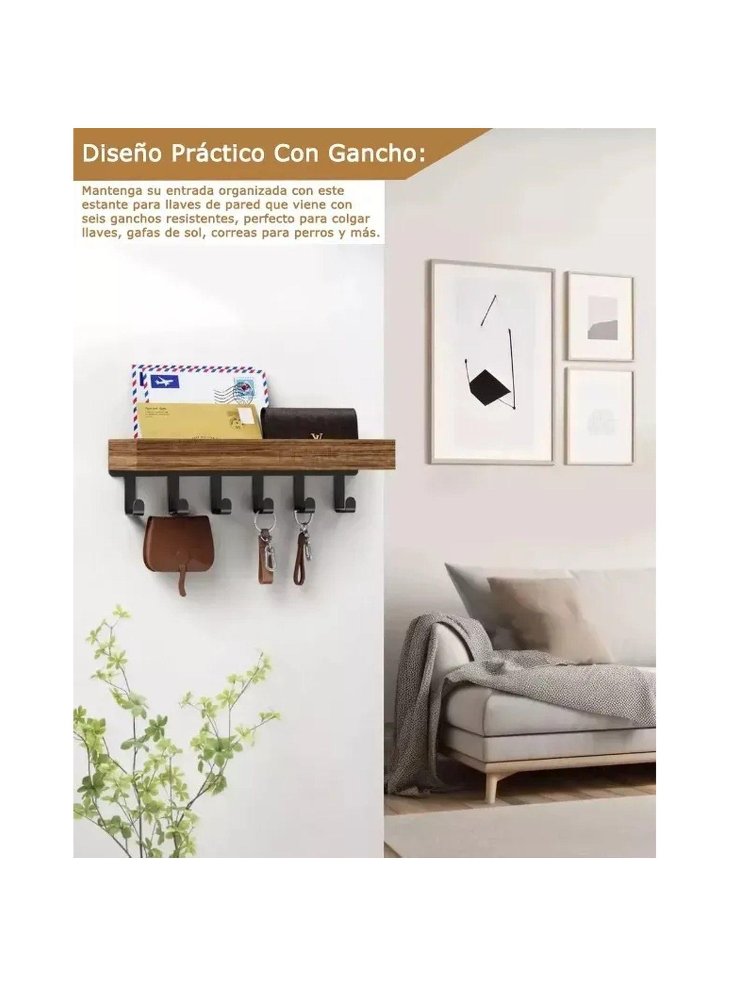 Estante de Pared con Ganchos Madera y Metal Decorativo-3