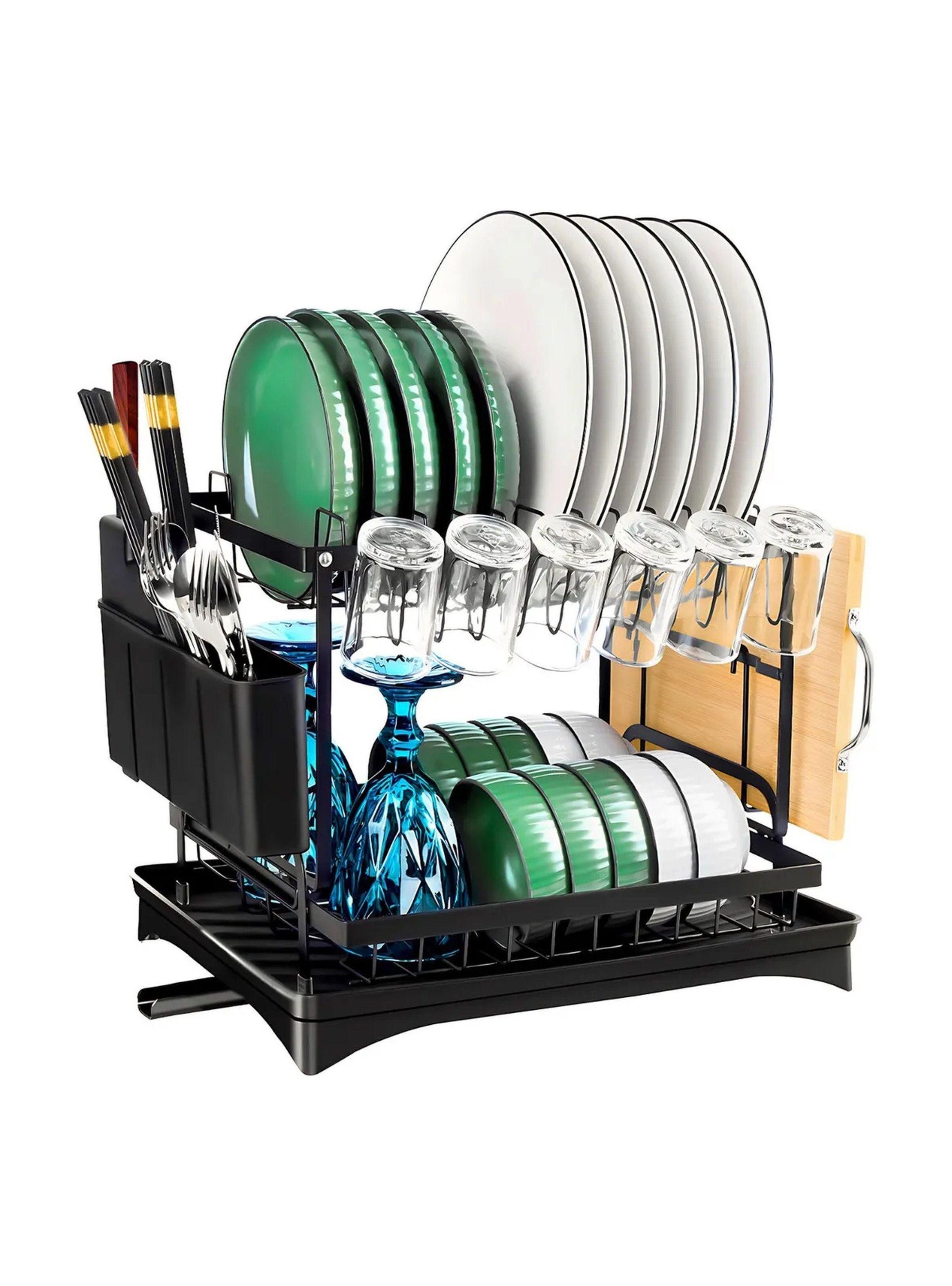 Escurridor de Platos Metálico Multiusos Negro con Bandejas y Porta Cuchillos-0