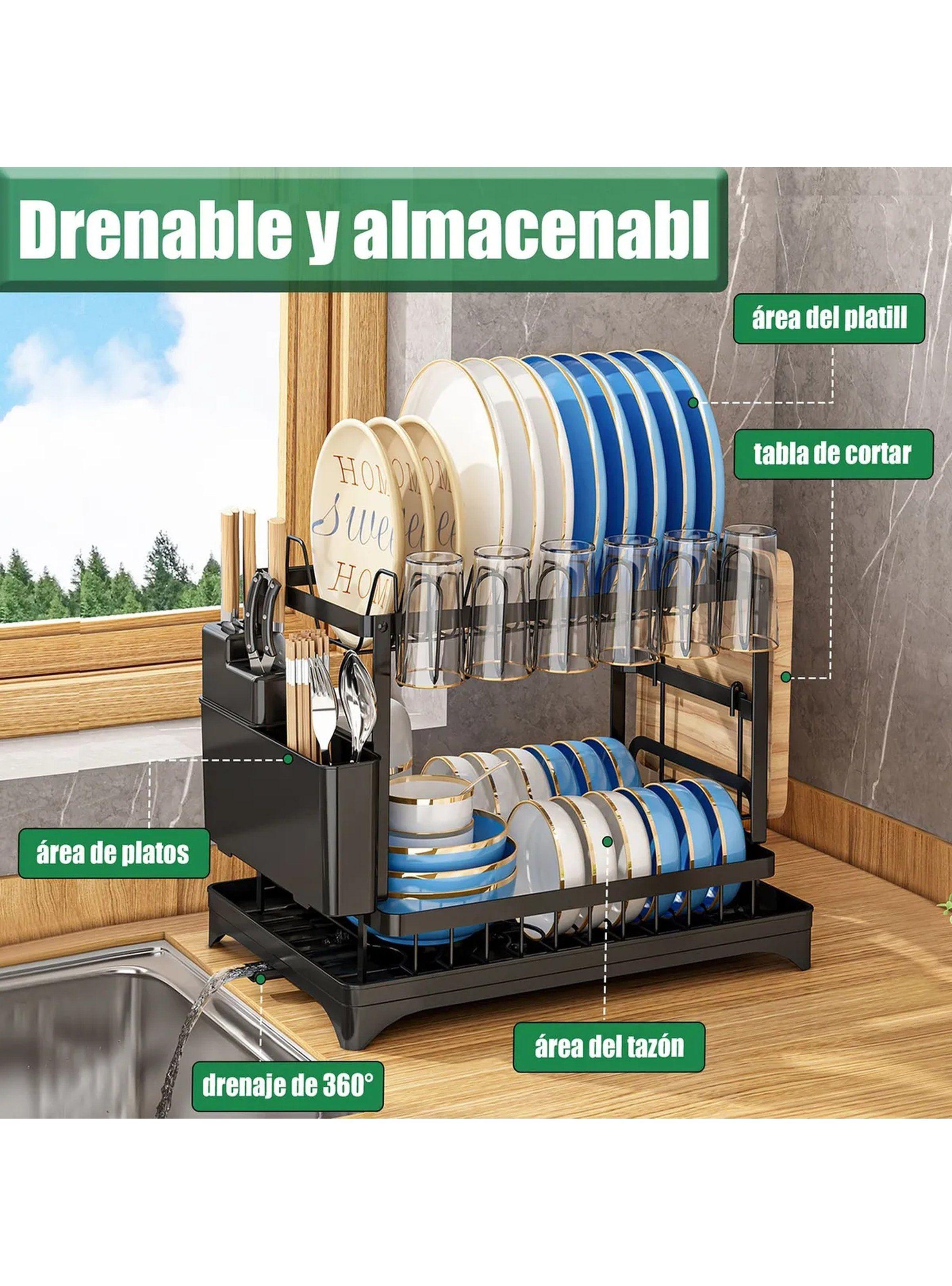 Escurridor de Platos Metálico Multiusos Negro con Bandejas y Porta Cuchillos-1