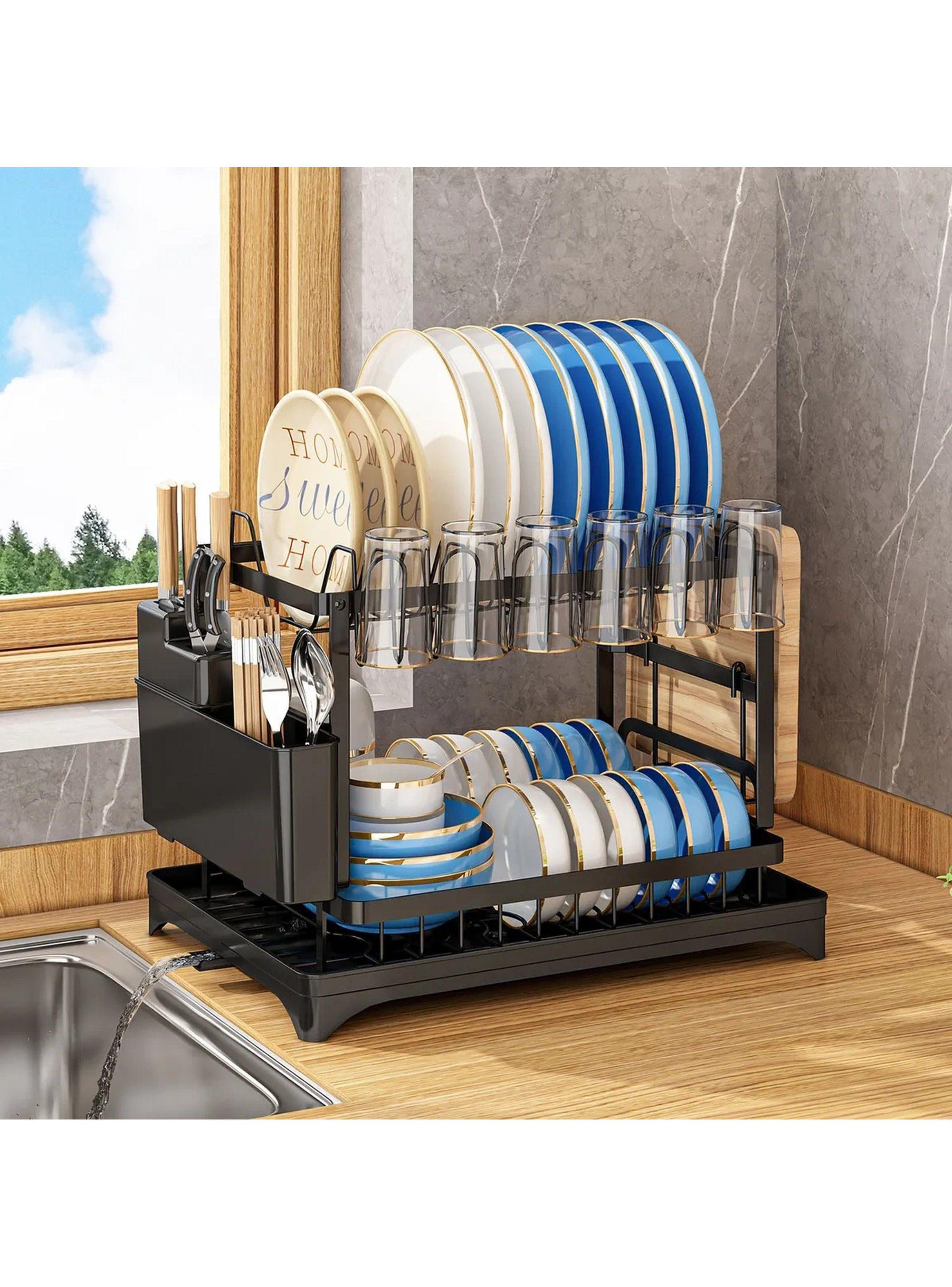 Escurridor de Platos Metálico Multiusos Negro con Bandejas y Porta Cuchillos-2