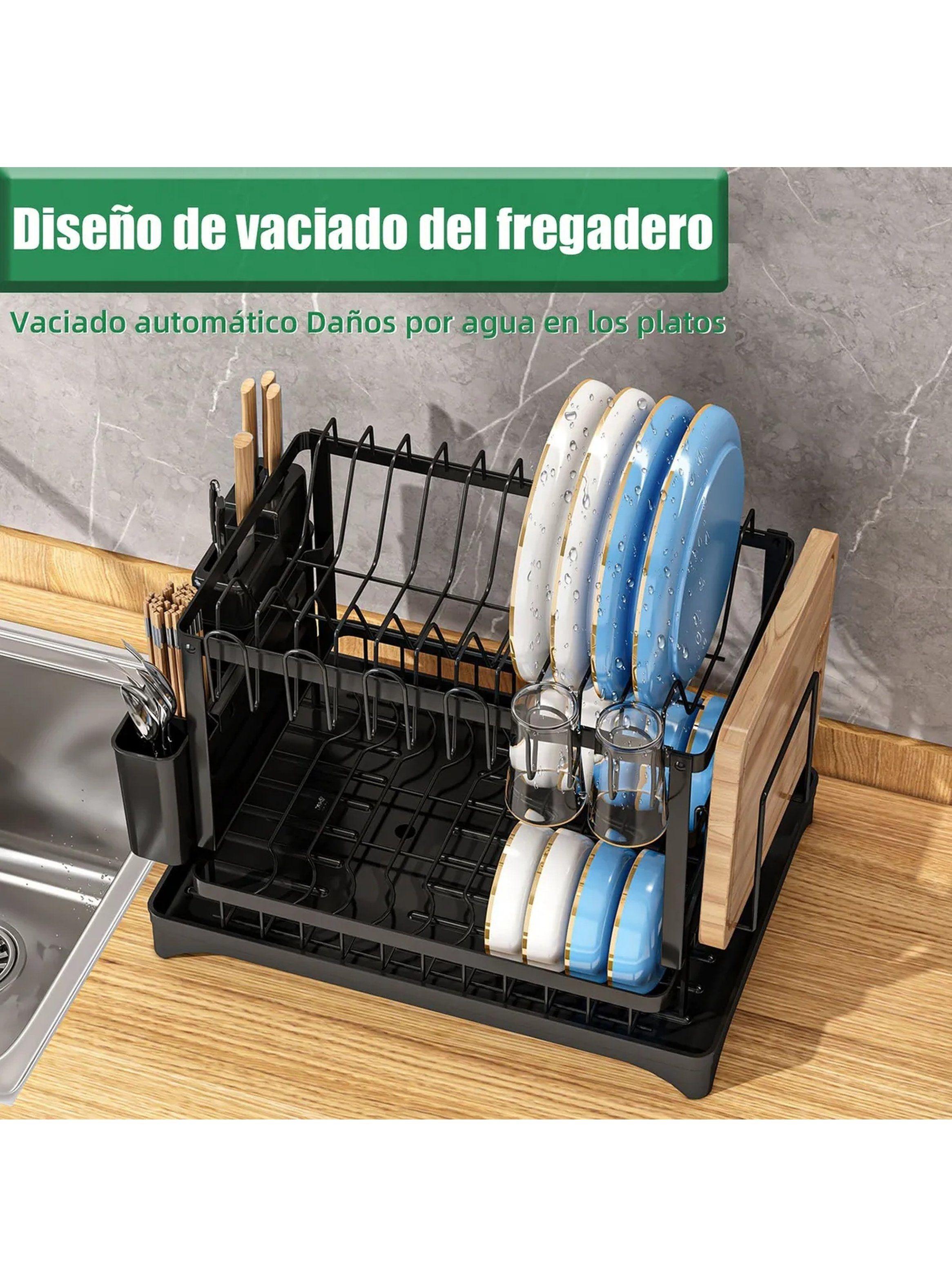 Escurridor de Platos Metálico Multiusos Negro con Bandejas y Porta Cuchillos-3