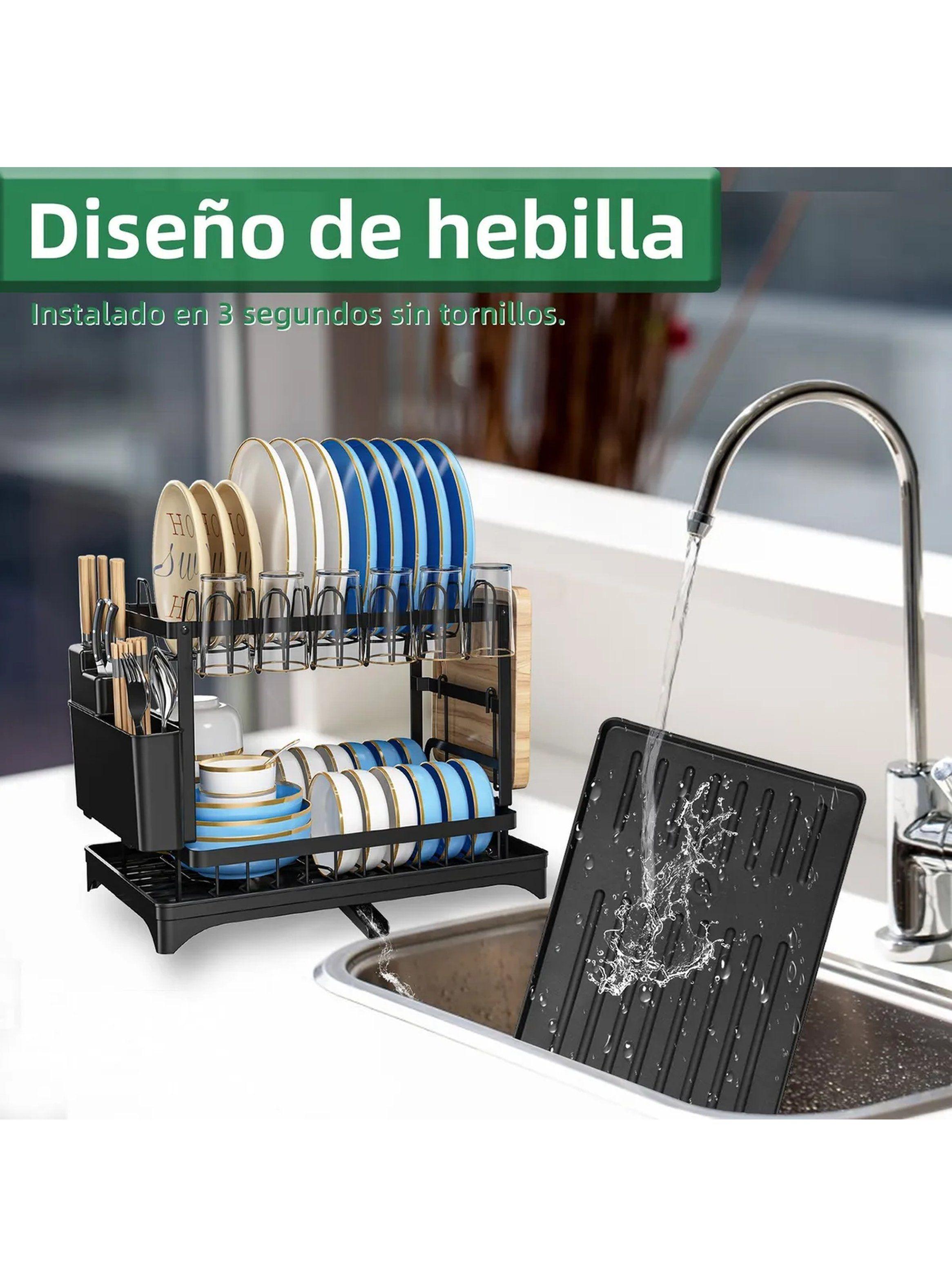 Escurridor de Platos Metálico Multiusos Negro con Bandejas y Porta Cuchillos-5