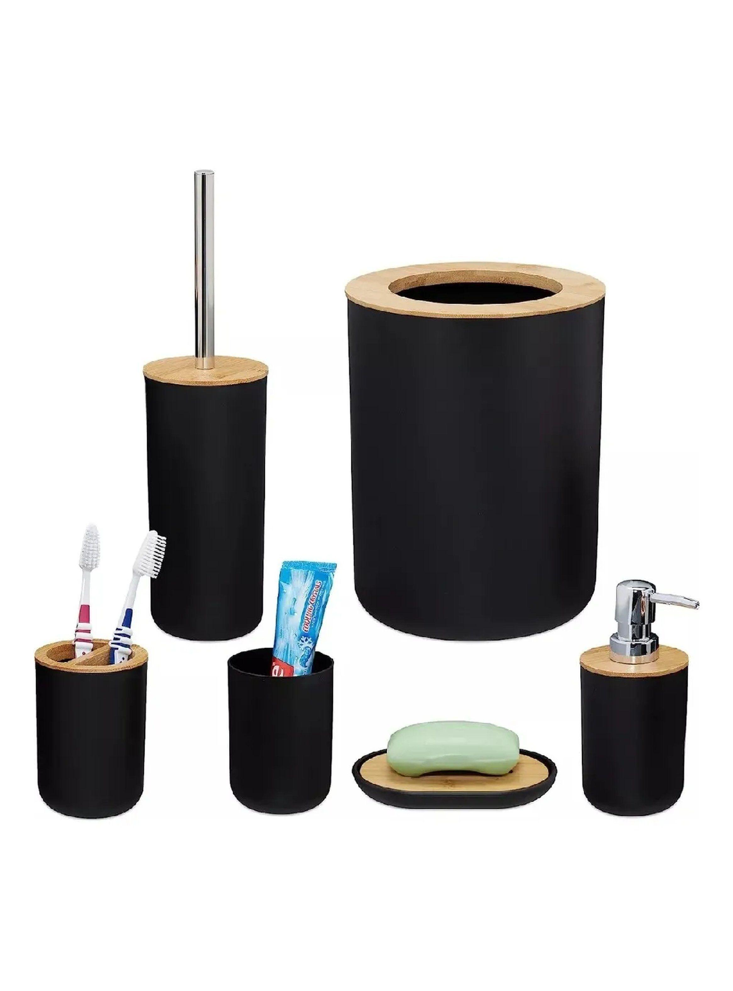 Set de Accesorios de Baño 6 Piezas Negro y Bambú-0