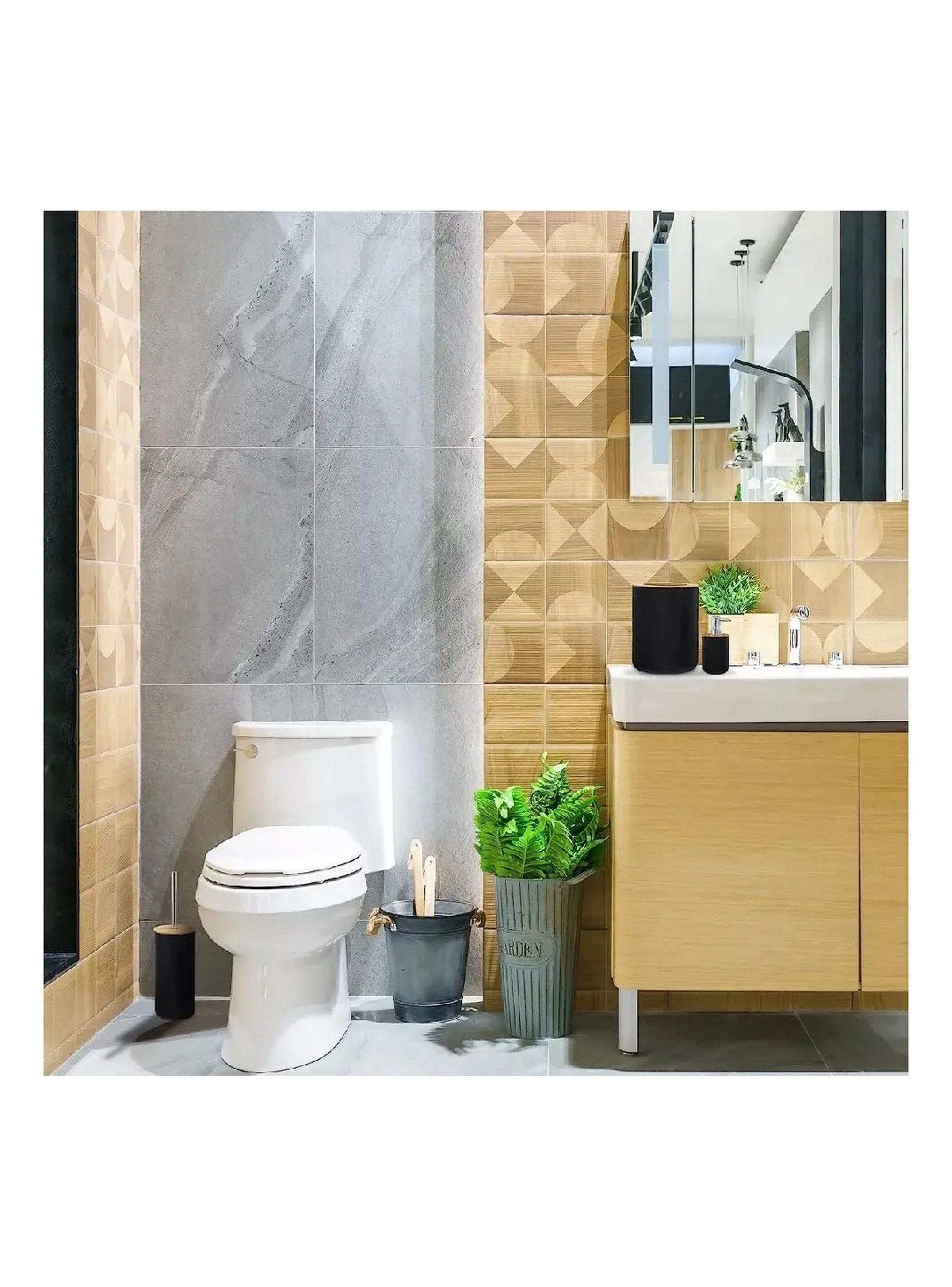 Set de Accesorios de Baño 6 Piezas Negro y Bambú-1