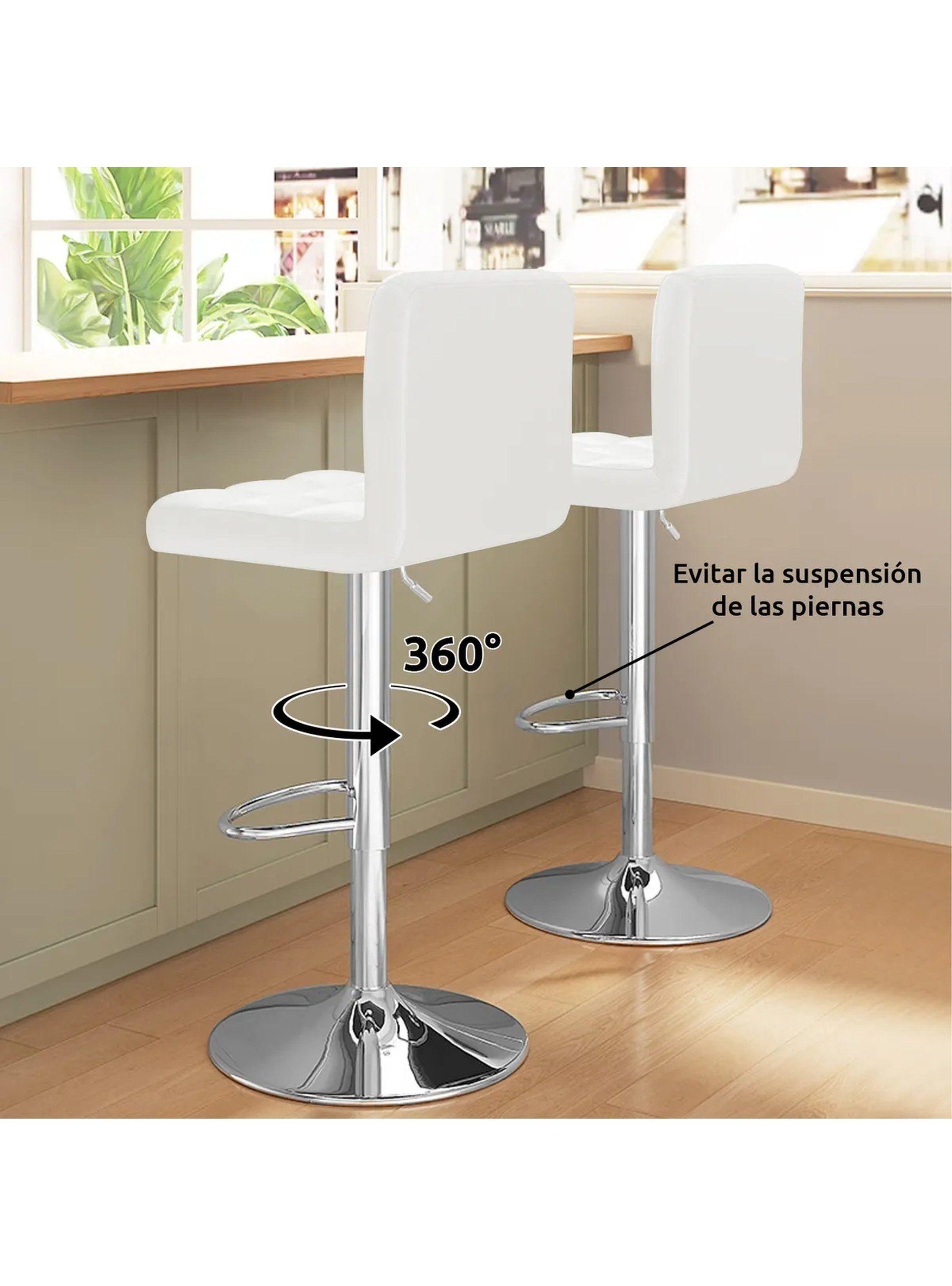 Taburete de Bar Ajustable con Respaldo PU Blanco Base Cromada Rotación 360°-2