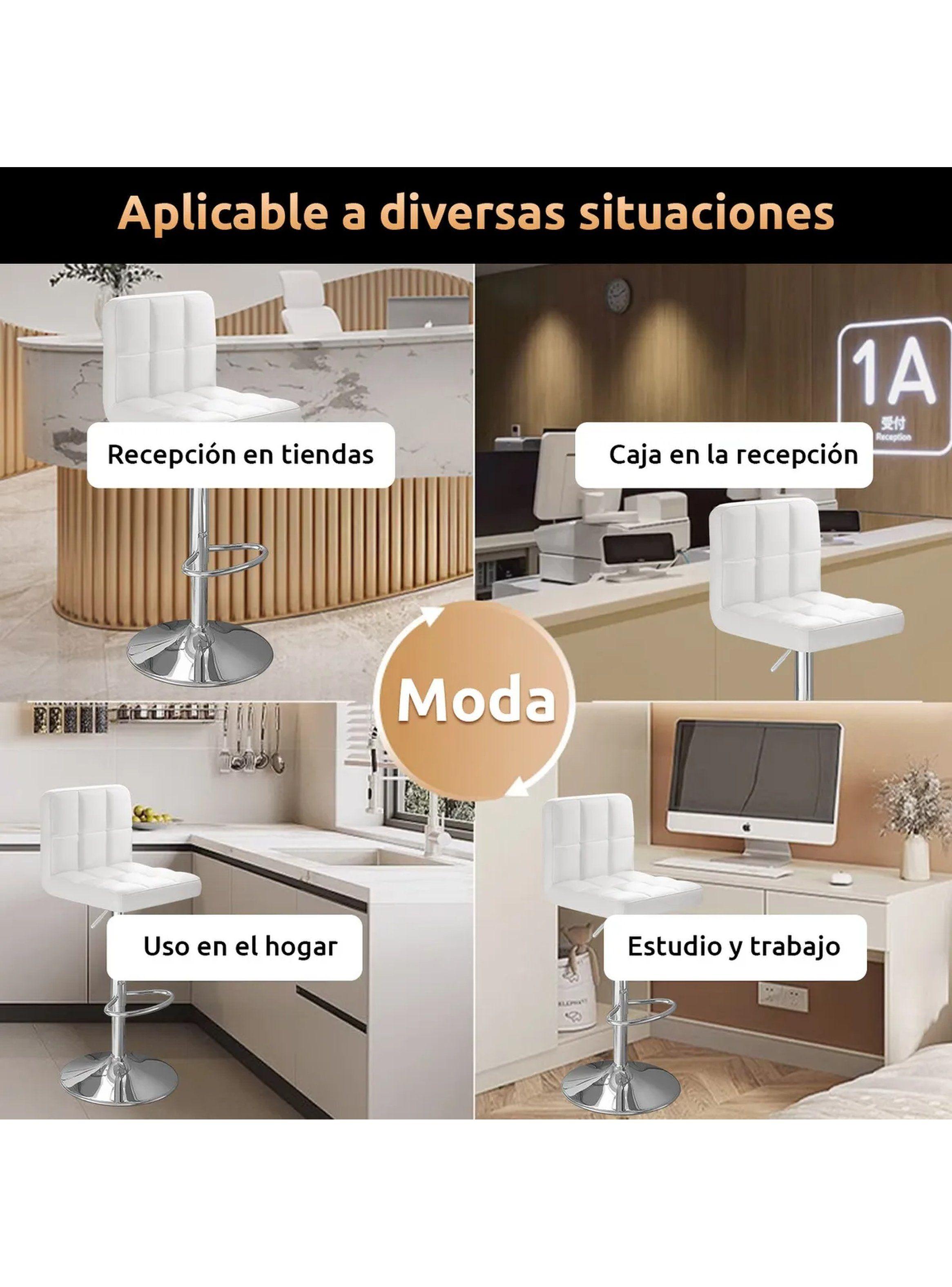 Taburete de Bar Ajustable con Respaldo PU Blanco Base Cromada Rotación 360°-3