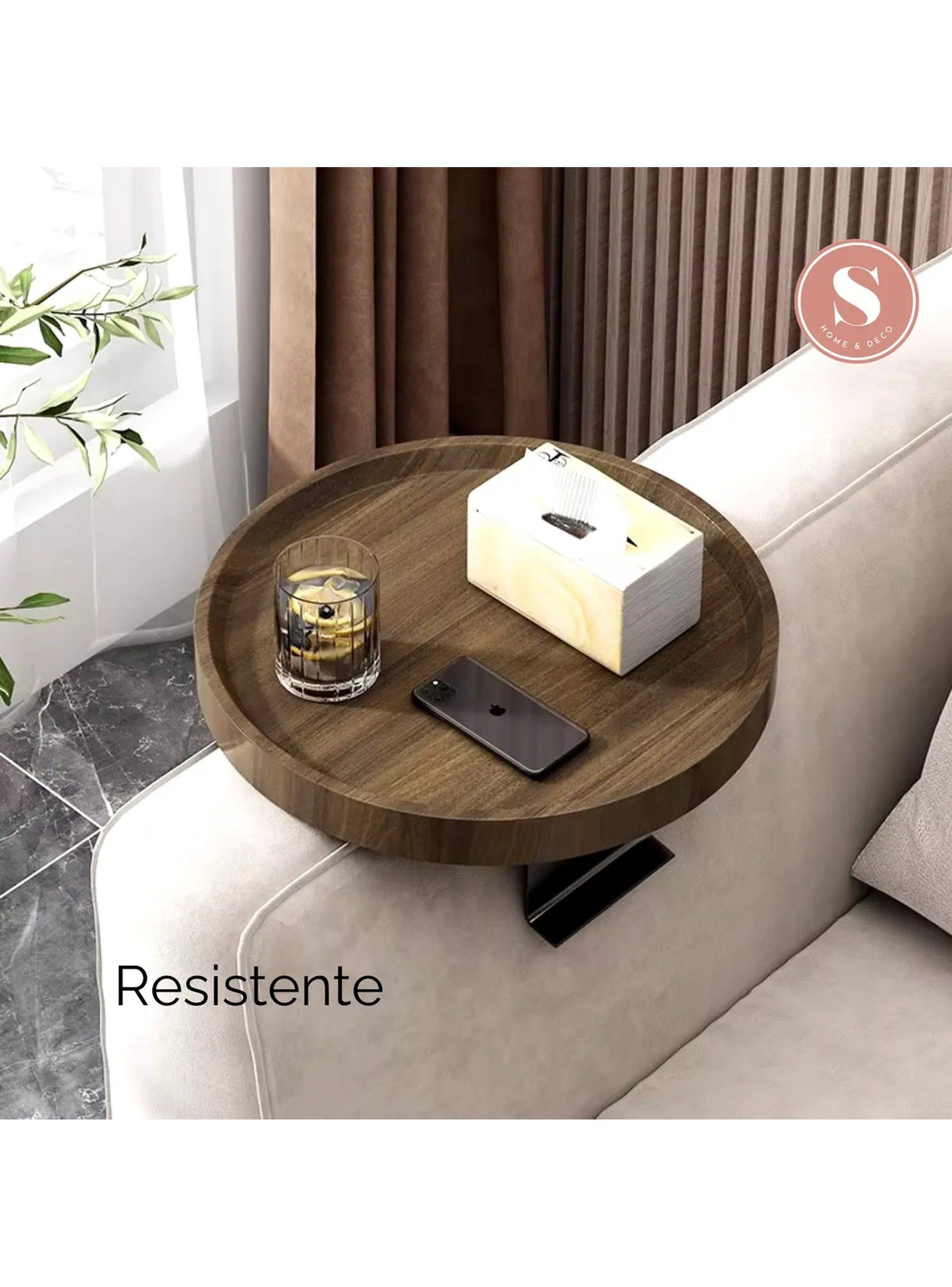 Mesa Auxiliar de Sofá Redonda Madera con Soporte Metal Negro-5