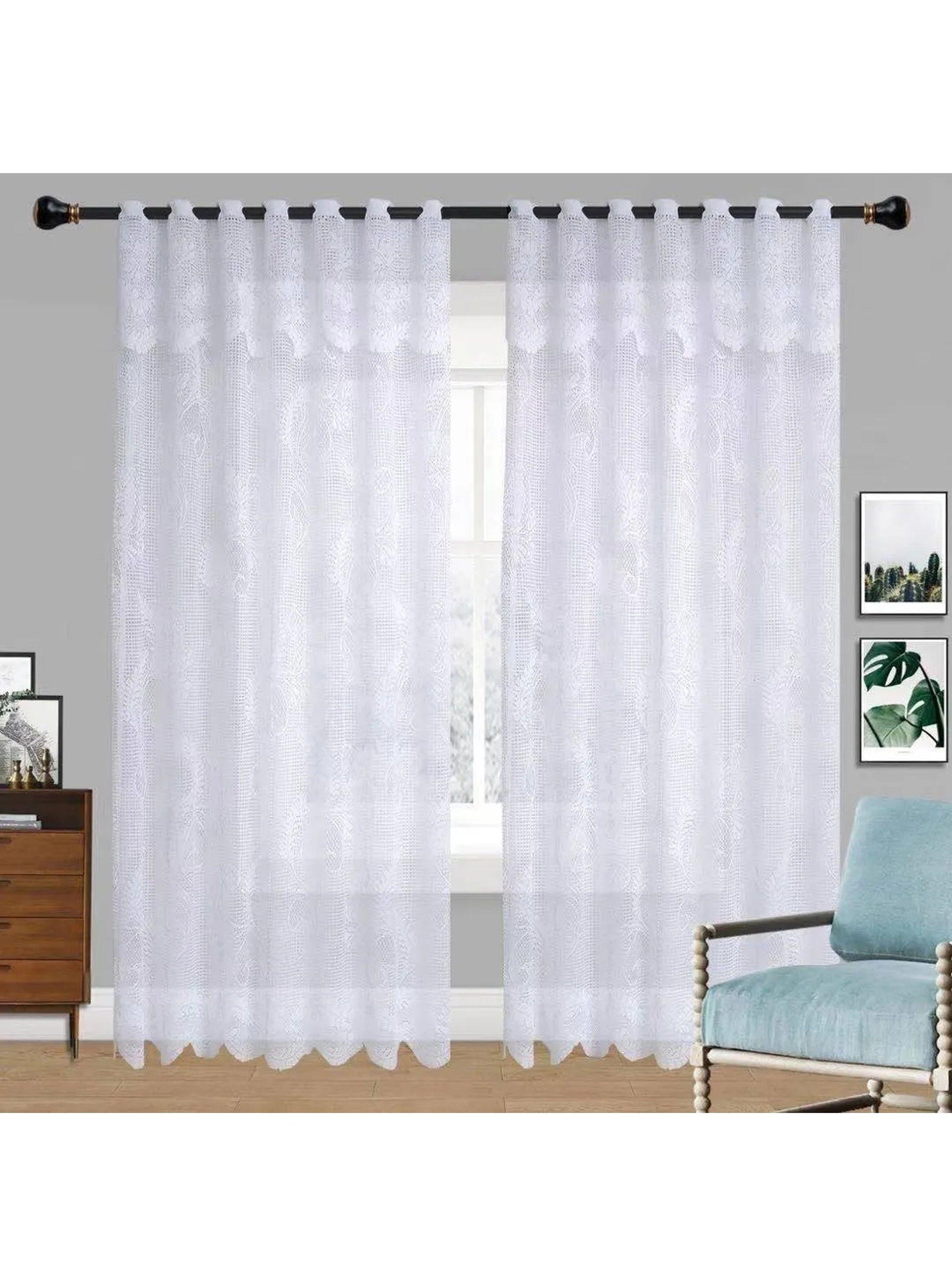 Cortinas de Encaje Decorativas Blancas Translucidas 2 Piezas Decoración Interior-2