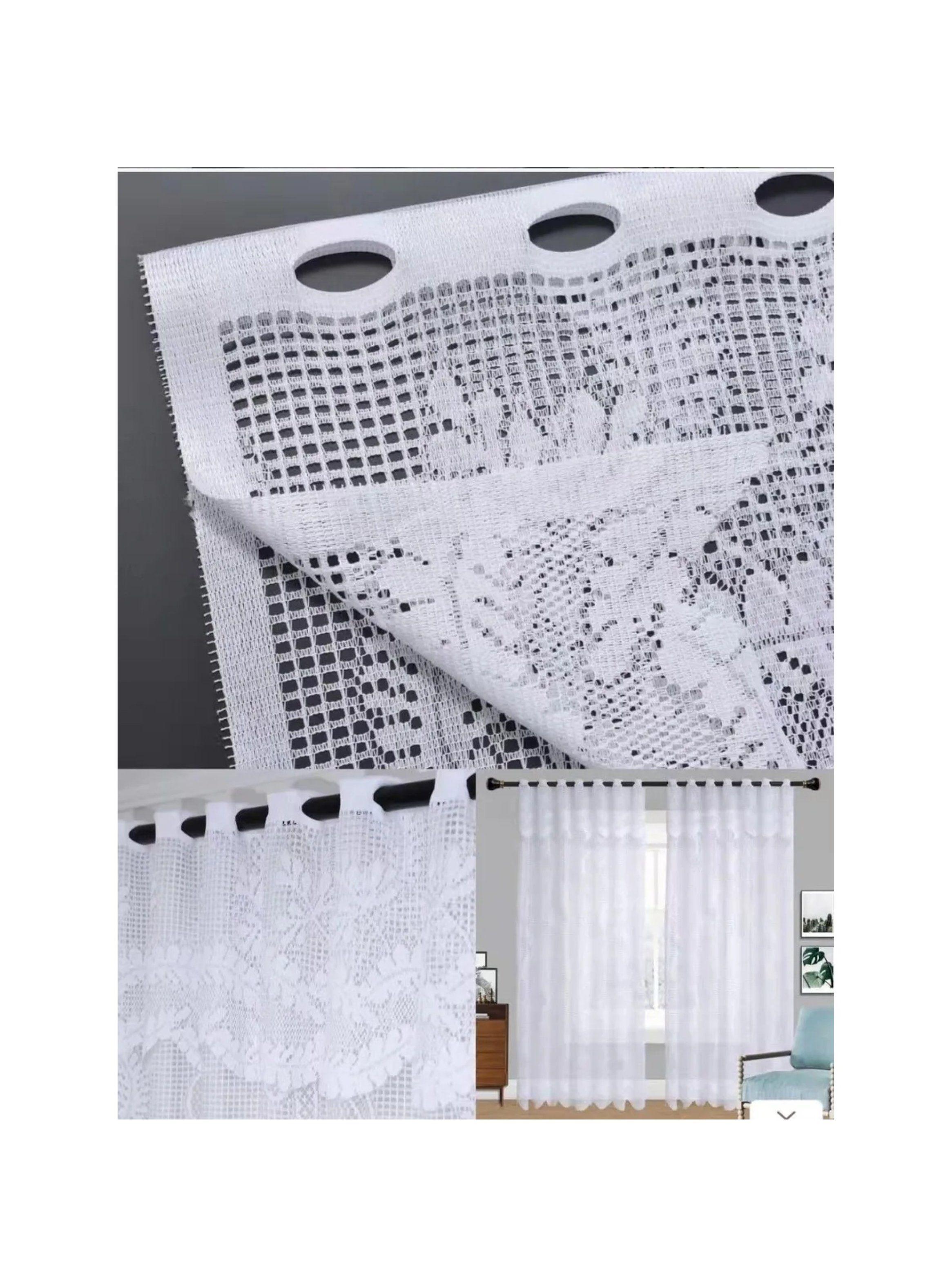 Cortinas de Encaje Decorativas Blancas Translucidas 2 Piezas Decoración Interior-3