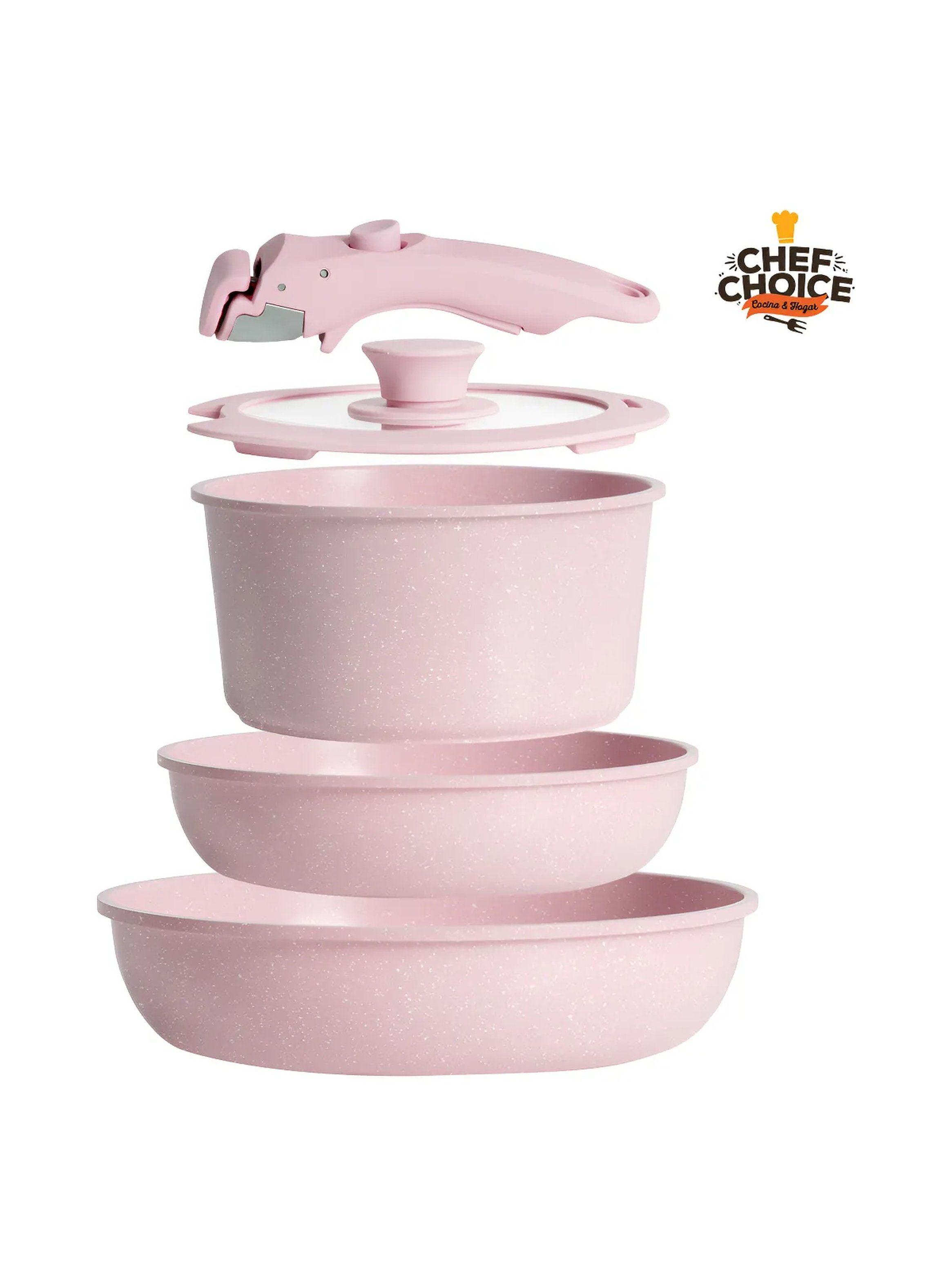 Set De Ollas Apilables Antiadherentes con Tapa Vidrio Rosa-0
