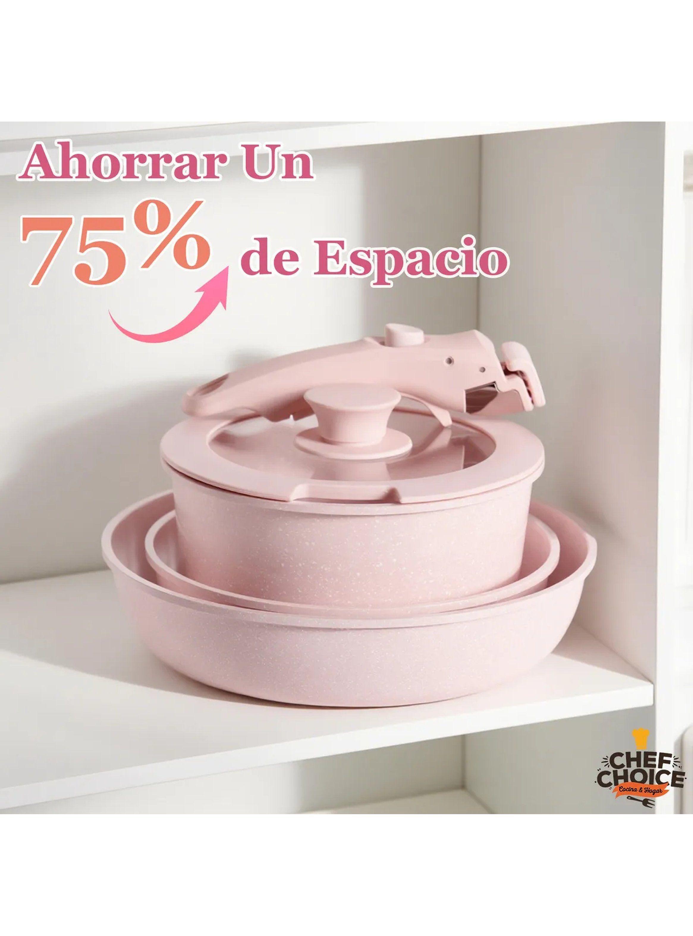 Set De Ollas Apilables Antiadherentes con Tapa Vidrio Rosa-2