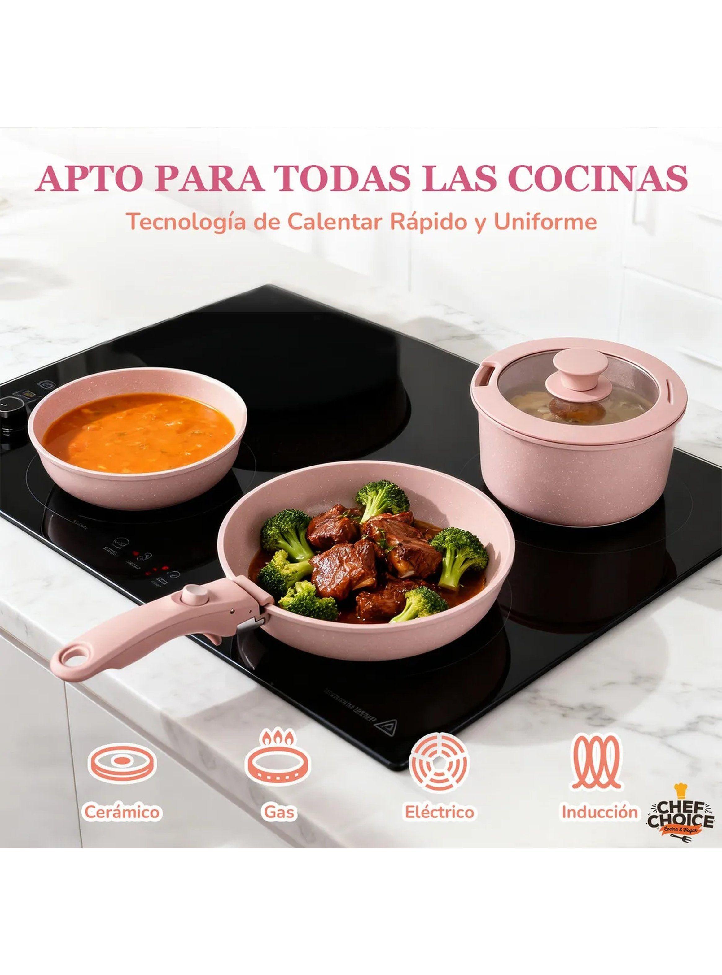Set De Ollas Apilables Antiadherentes con Tapa Vidrio Rosa-4