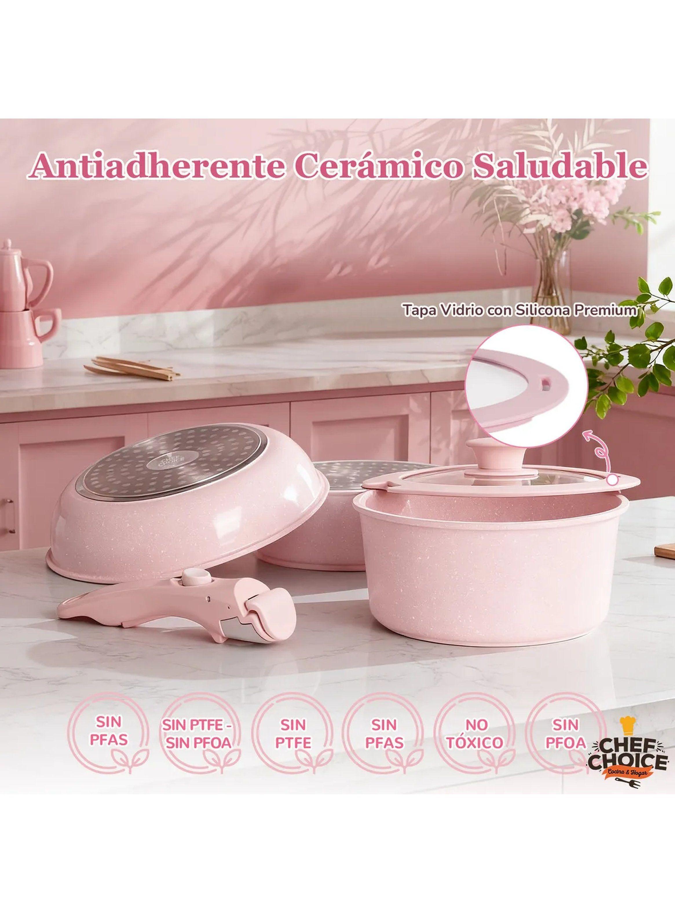 Set De Ollas Apilables Antiadherentes con Tapa Vidrio Rosa-8