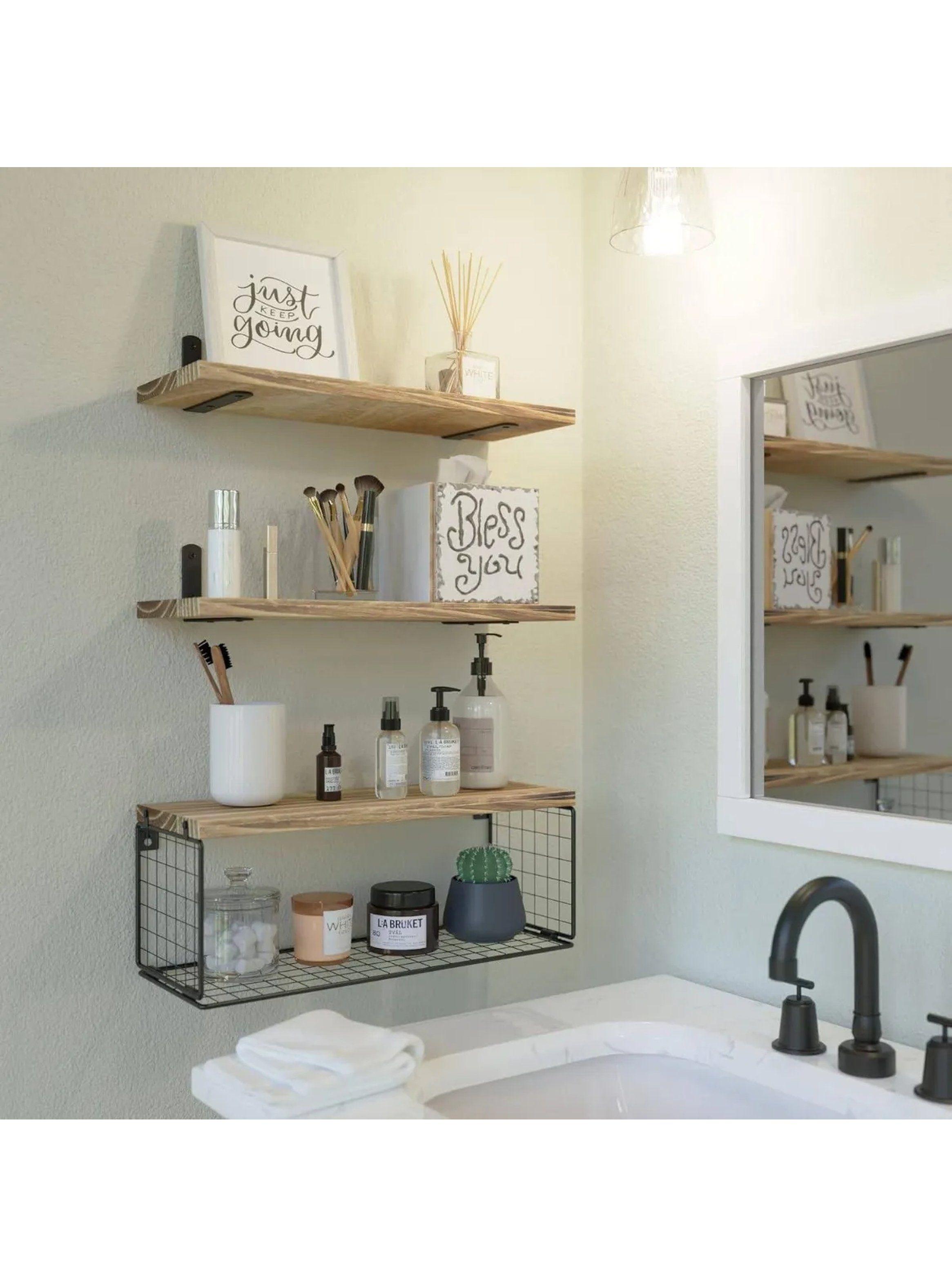 Estantería de Pared Flotante con Rejilla de Metal Madera Natural 42x15x15 cm-1