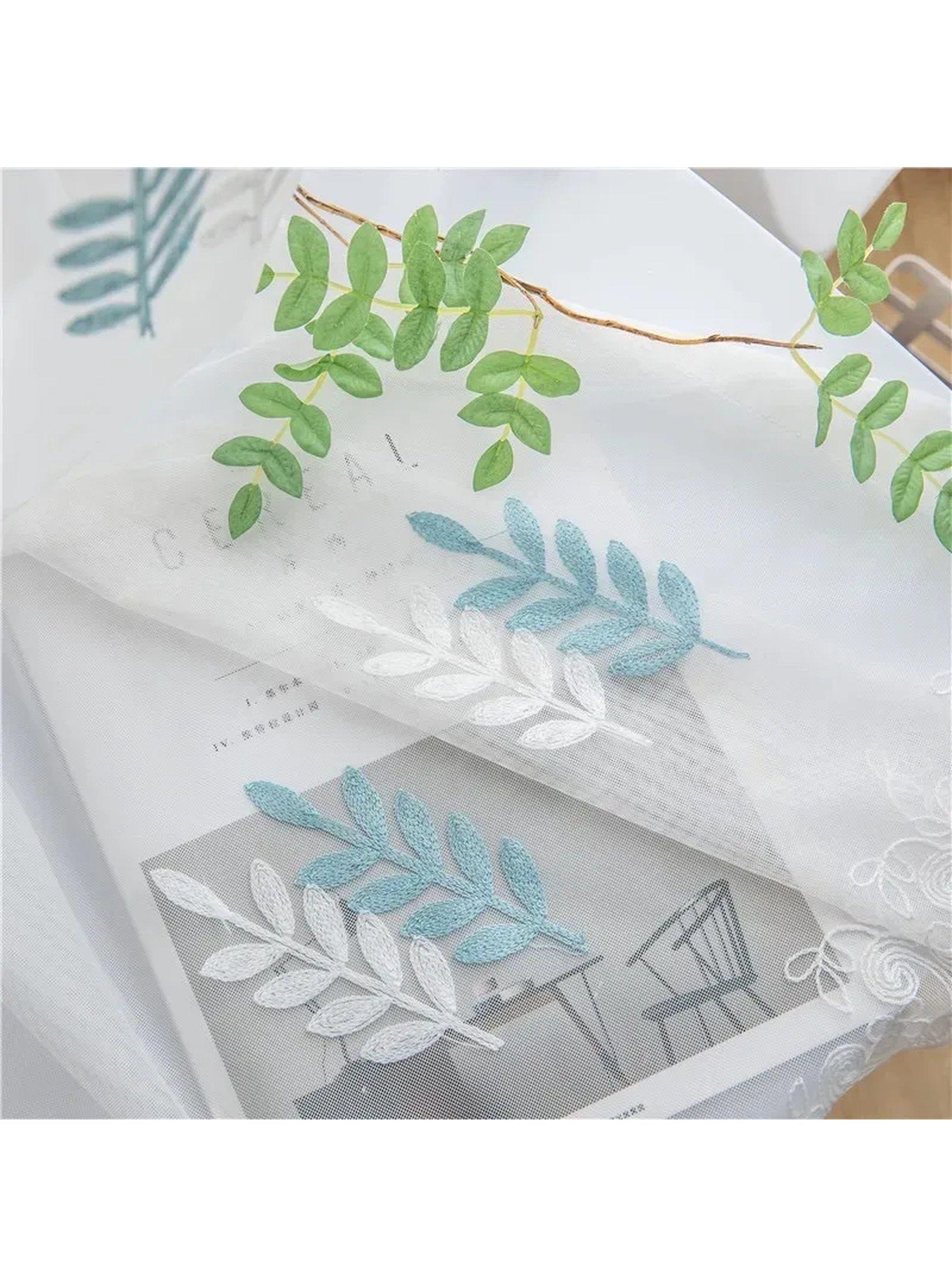 Cortinas Transparentes Bordadas Diseño Hojas Blanco Verde-0