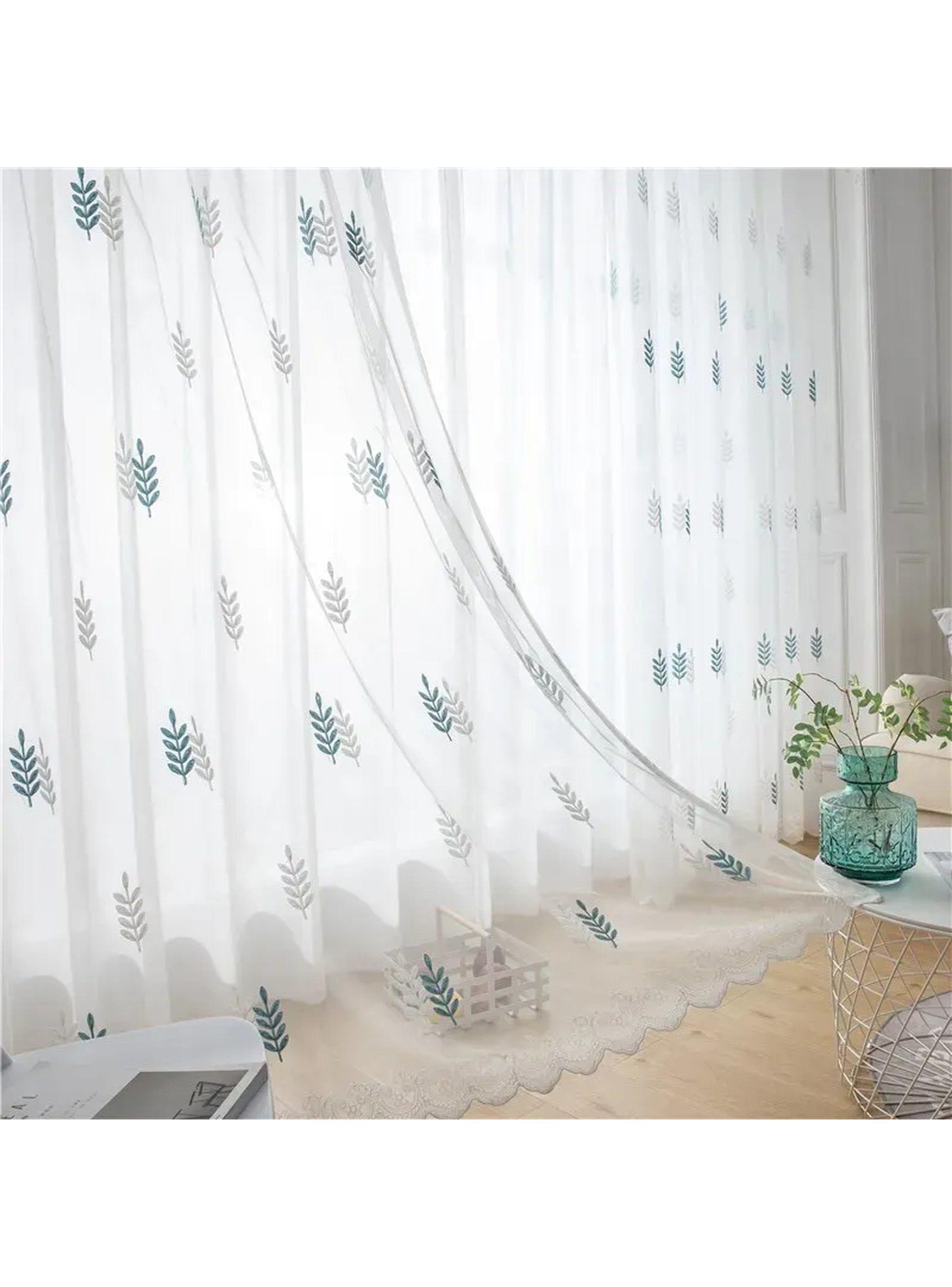 Cortinas Transparentes Bordadas Diseño Hojas Blanco Verde-1