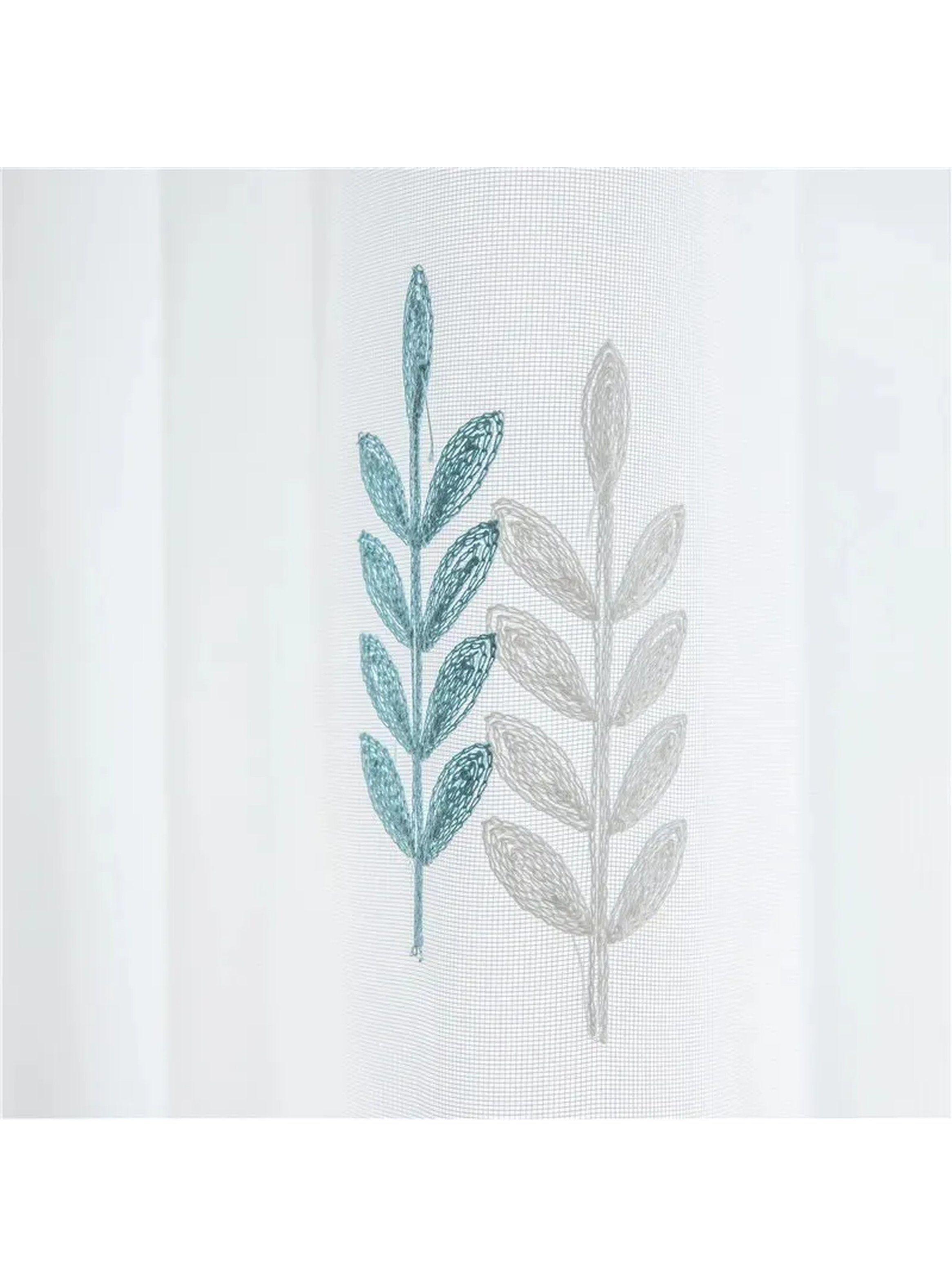 Cortinas Transparentes Bordadas Diseño Hojas Blanco Verde-2