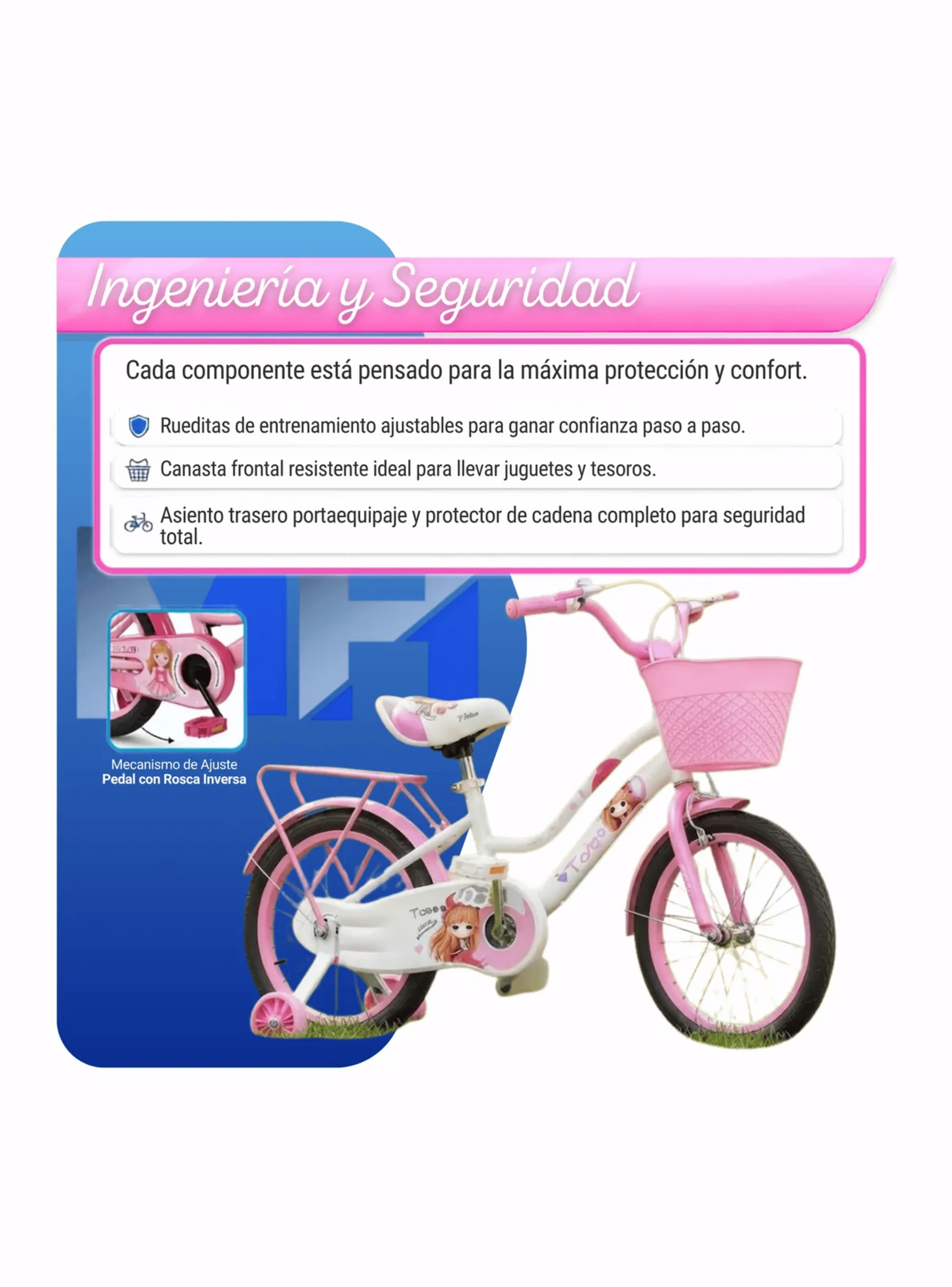 Bicicleta Infantil Aro 16 Con Rueditas Y Canasto Ni as ROSA-7